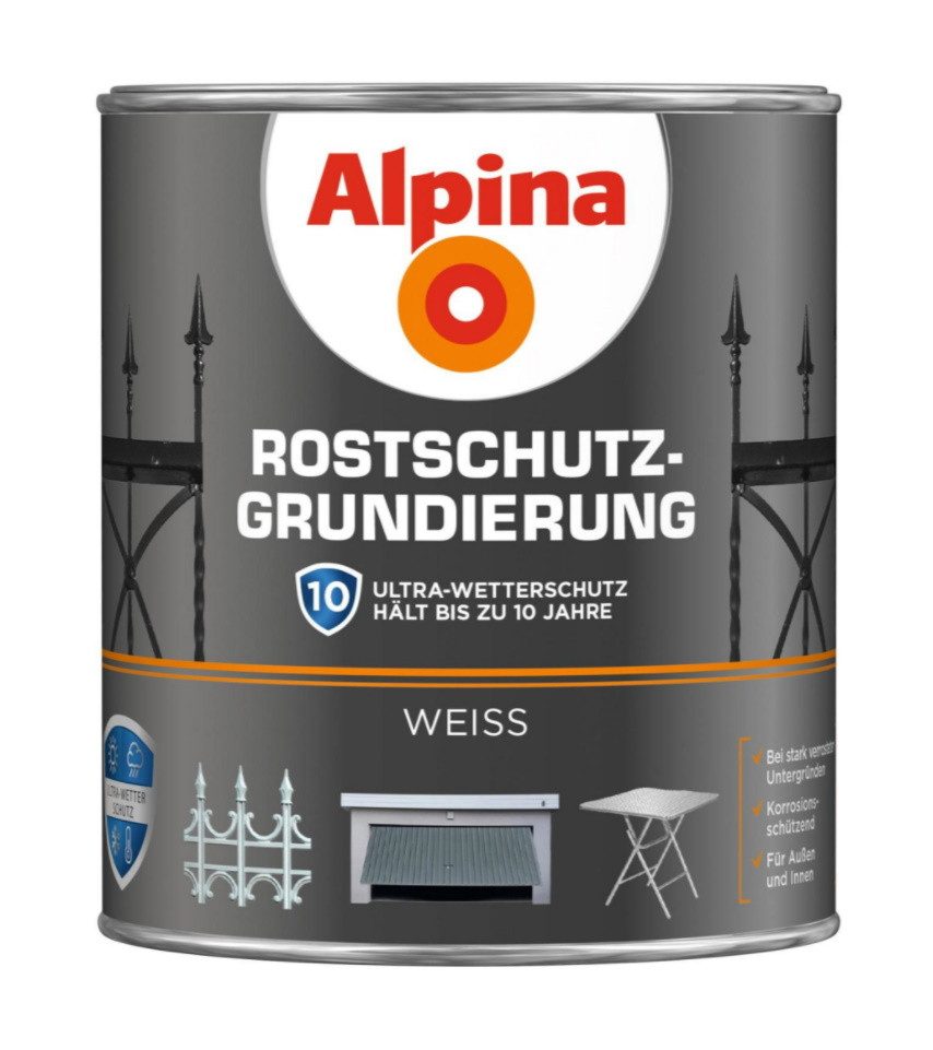 Alpina Lack Alpina 2 L. Rostschutz Grundierung Eisen Stahl Rost Weiss, 2. Wahl