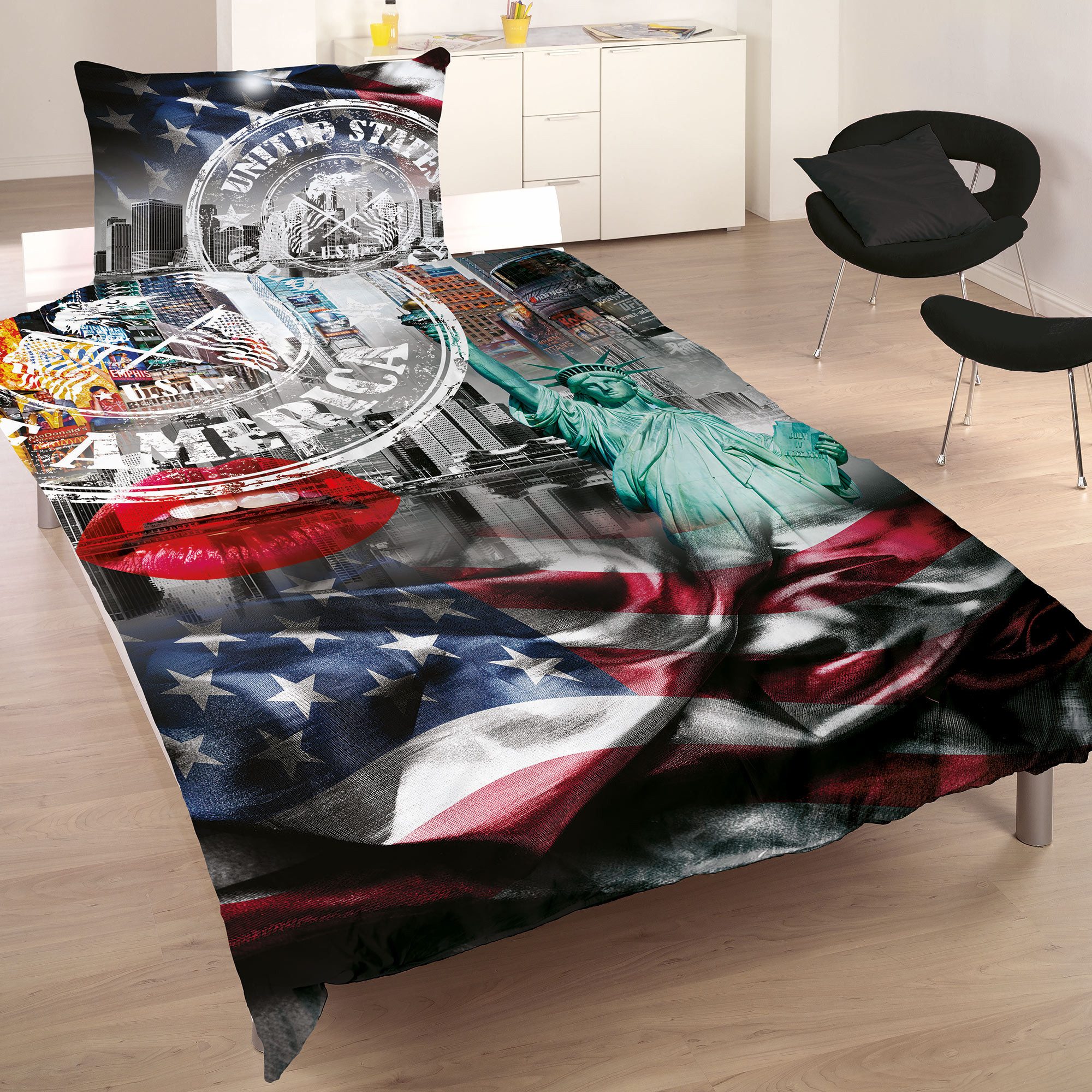 BERONAGE Wendebettwäsche USA Stars and Stripes Bettwäsche Linon / Renforcé, 100% Baumwolle, 2 teilig, 135x200 + 80x80 cm