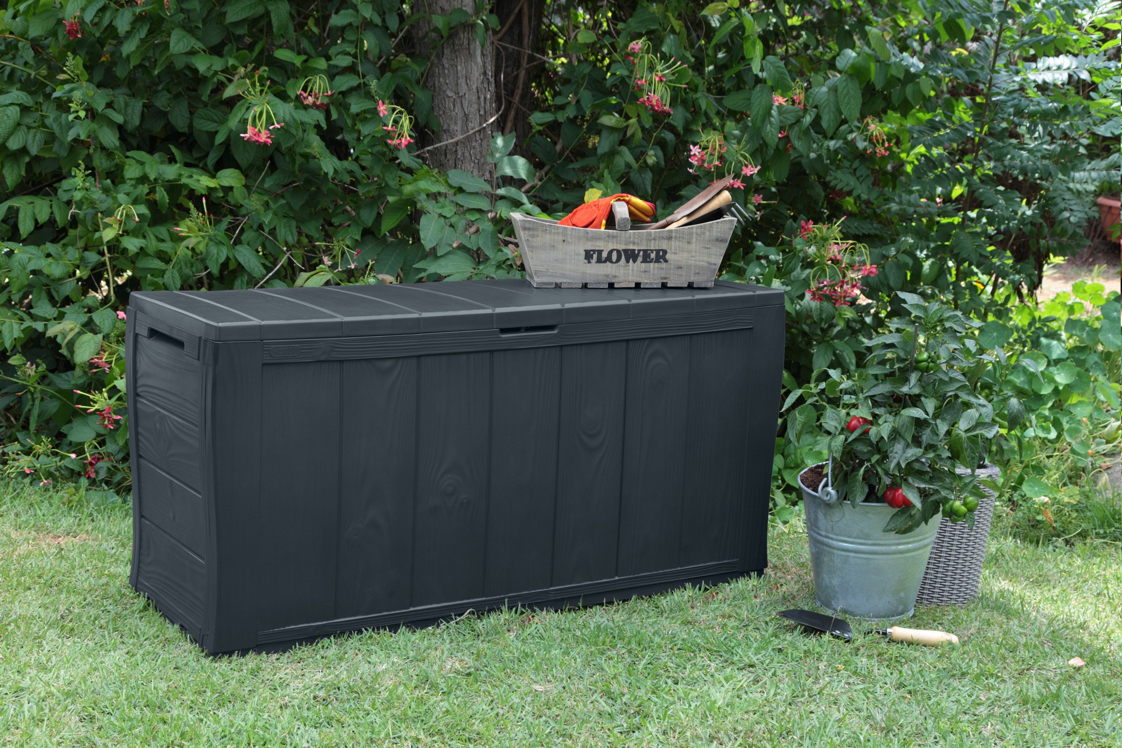 Keter Gartenbox "Sherwood" 270L Graphit Holzoptik günstig online kaufen