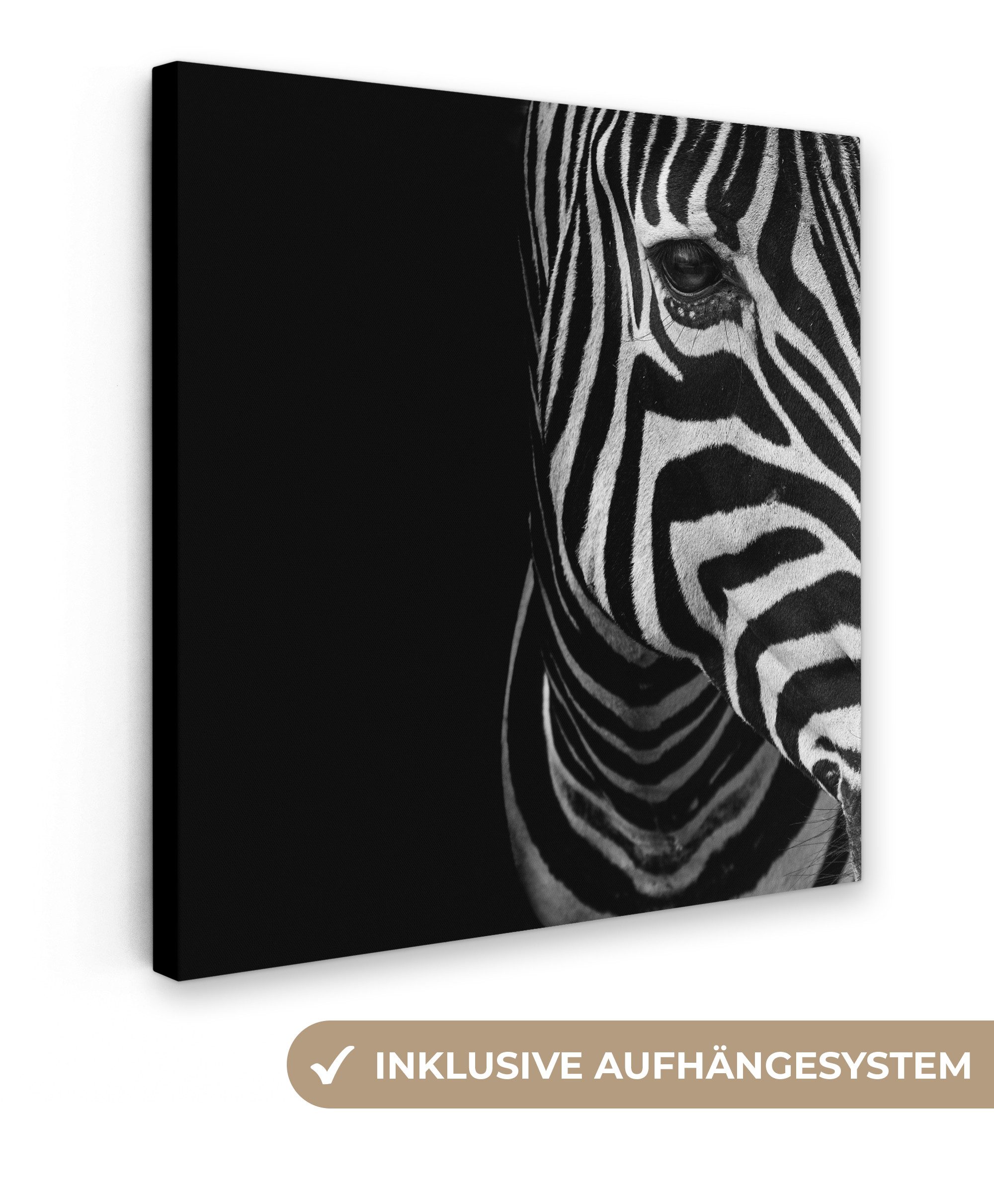 OneMillionCanvasses® Leinwandbild Tiere - Zebra - Schwarz - Weiß, Fotodruck (1 St), Wandbild, Deko Schlafzimmer Wohnzimmer Flur 20x20 cm