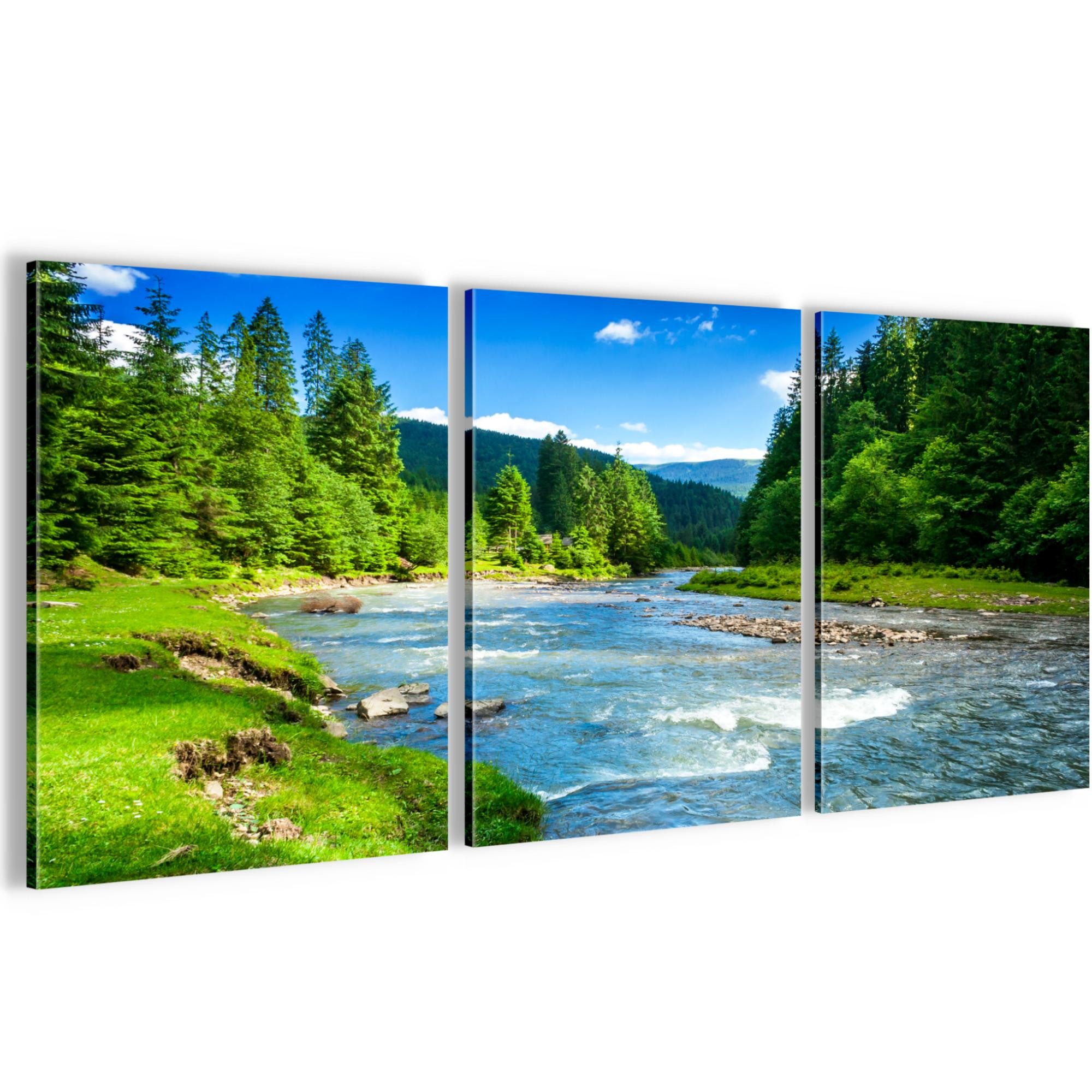 Runa Art Wandbild Bilder Wald Fluss auf Vlies Leinwand Grün Blau Modern 0498, 30 x 40 cm - 3 Bilder