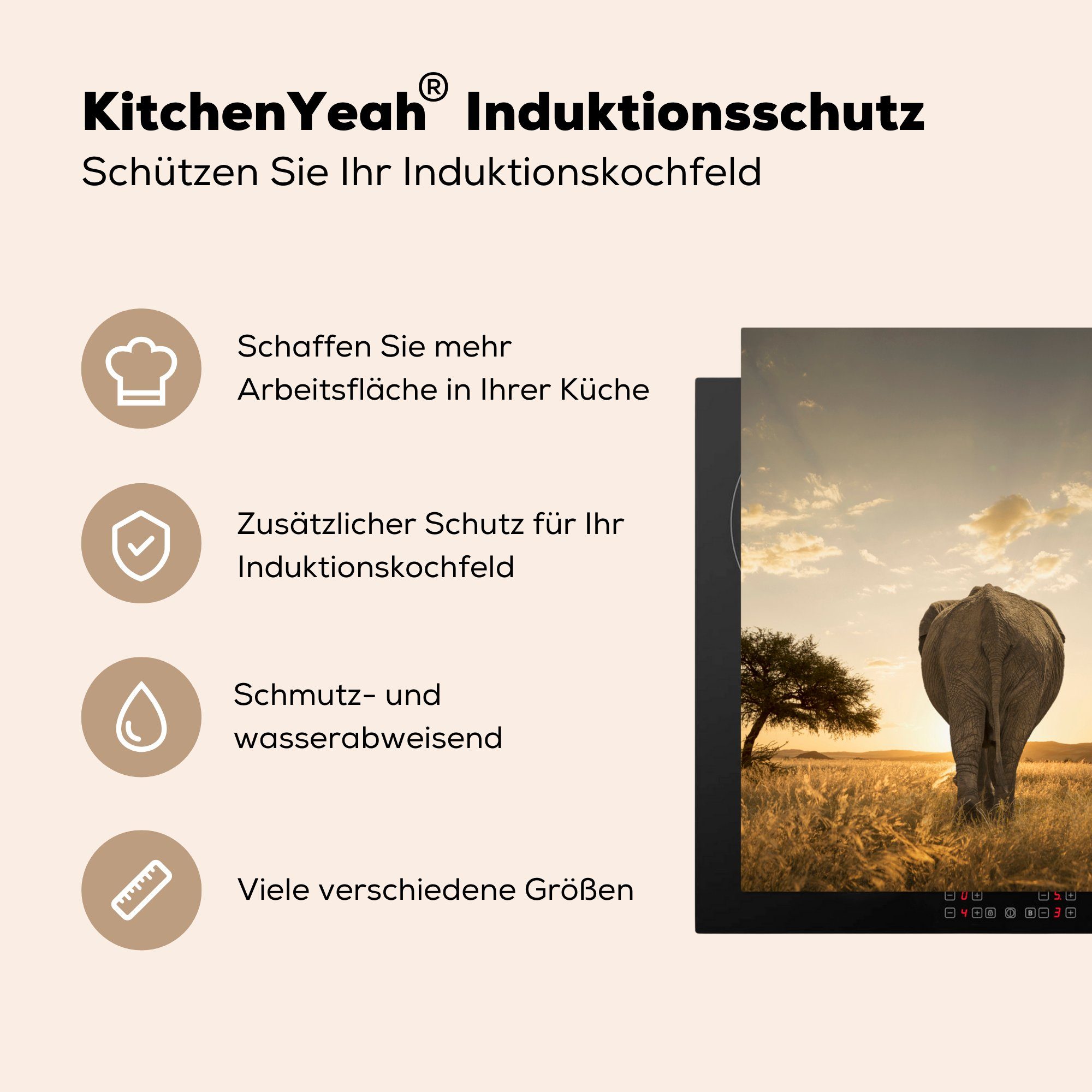 (1 Sonne MuchoWow Safari, - tlg), Vinyl, cm, Herdblende-/Abdeckplatte für Ceranfeldabdeckung, 78x78 küche Arbeitsplatte - Elefant