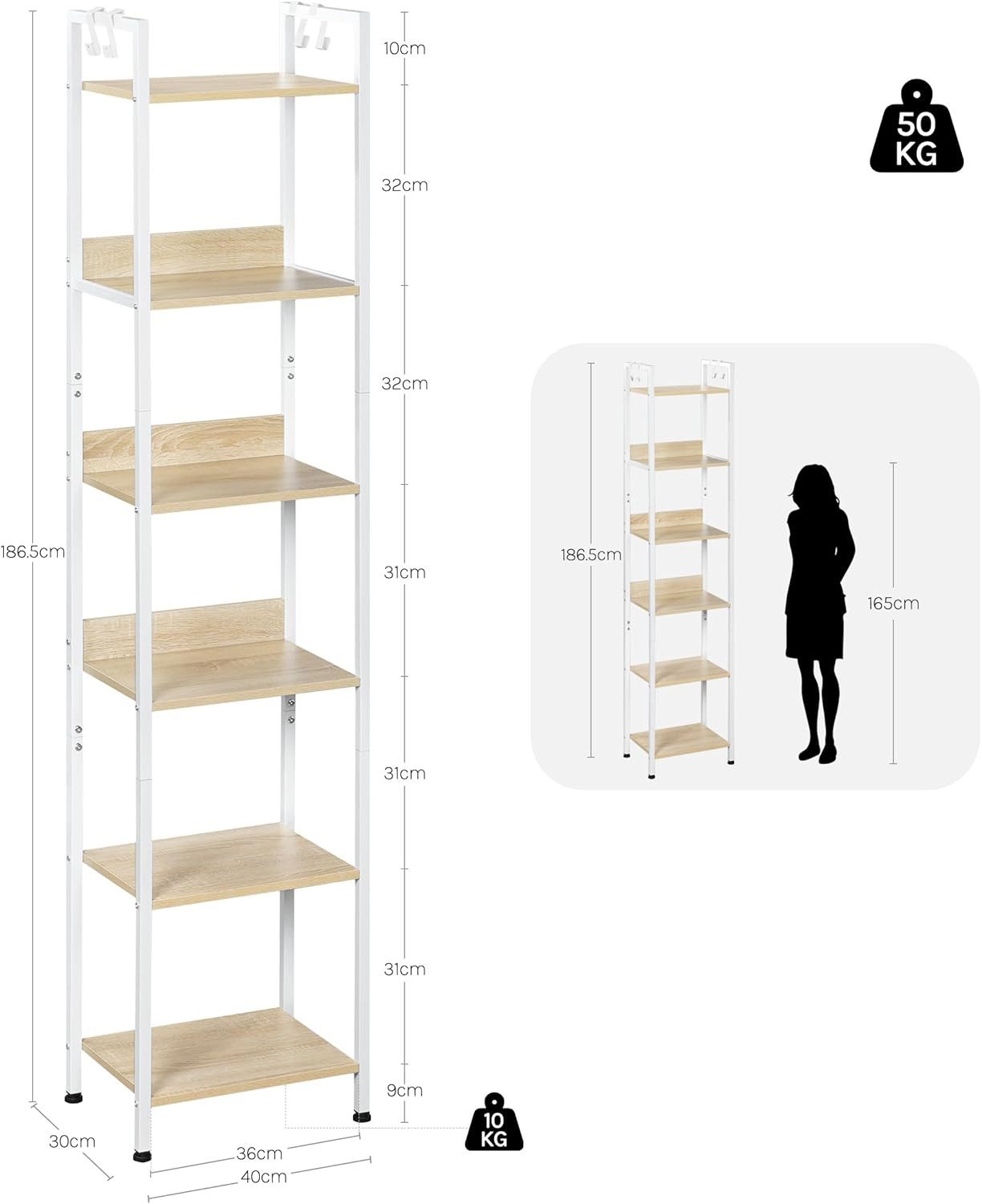 Woltu Standregal, mit 6 Ebenen, 4 Haken, Küchenregal Lagerregal