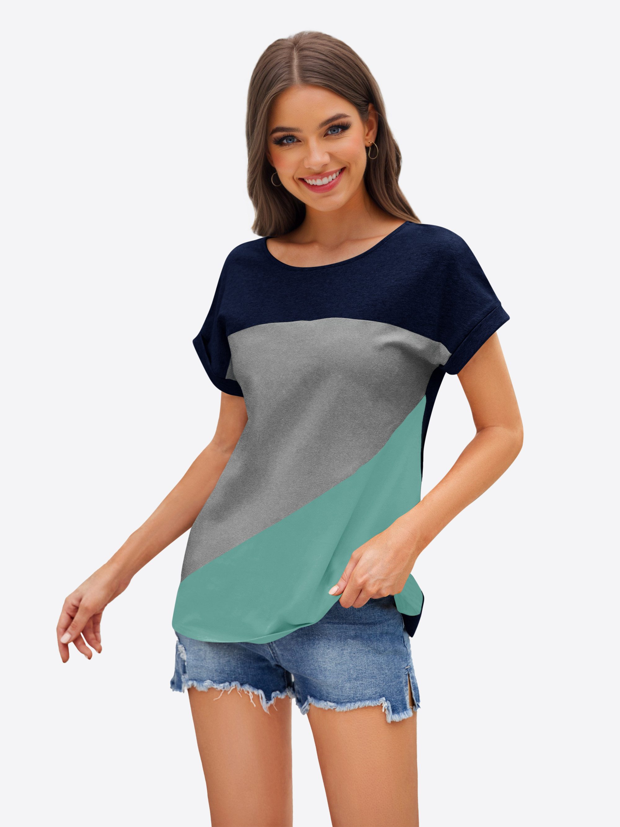 Imily Bela T-Shirt Damen Farbblocking Kurzarmtop (Packung, 1-tlg., 1per-Pack) mit Rundhalsausschnitt