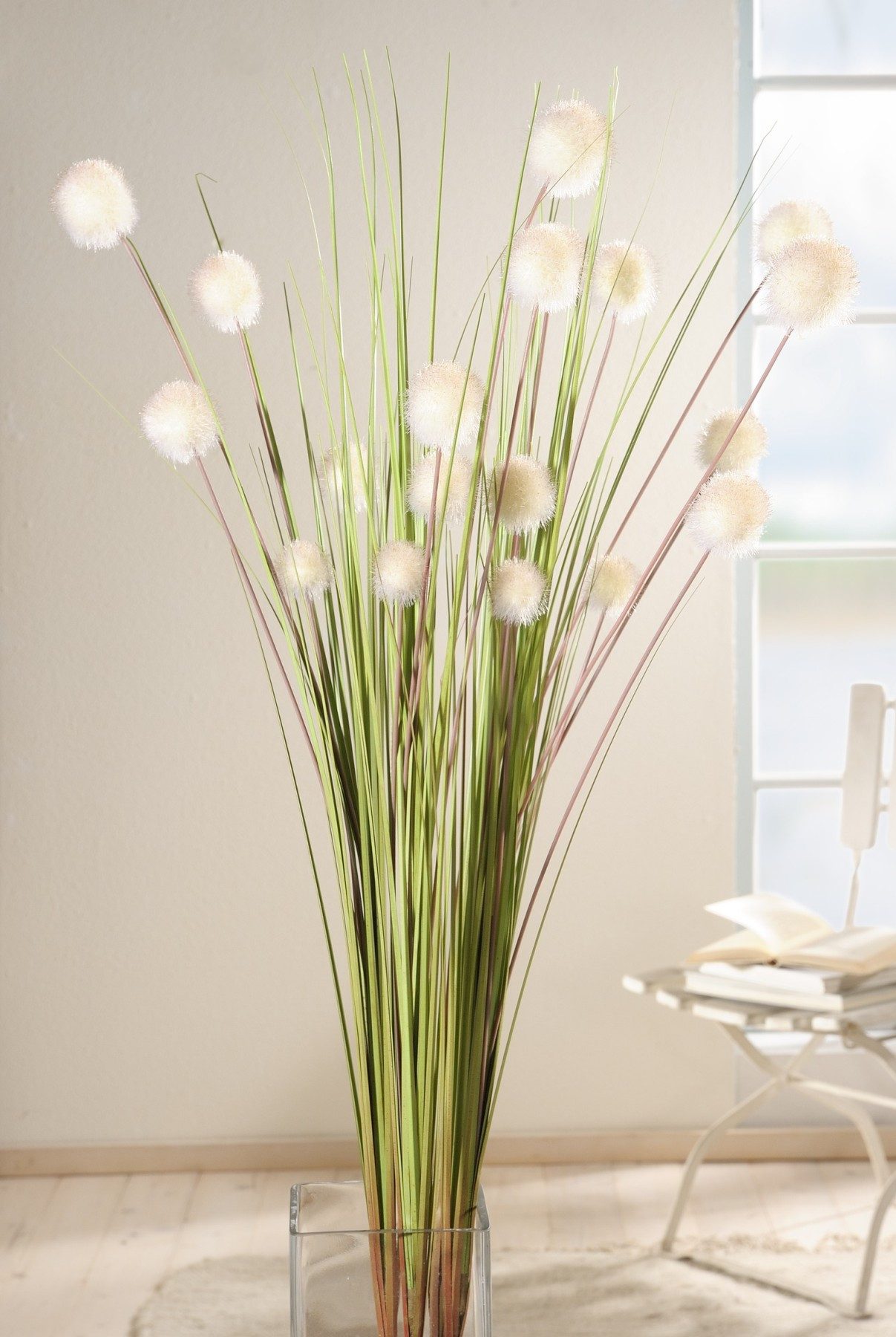 Kunstpflanze Dekobündel "Blütenkugel", 105 cm hoch, Kunstgras mit weißen Bl günstig online kaufen