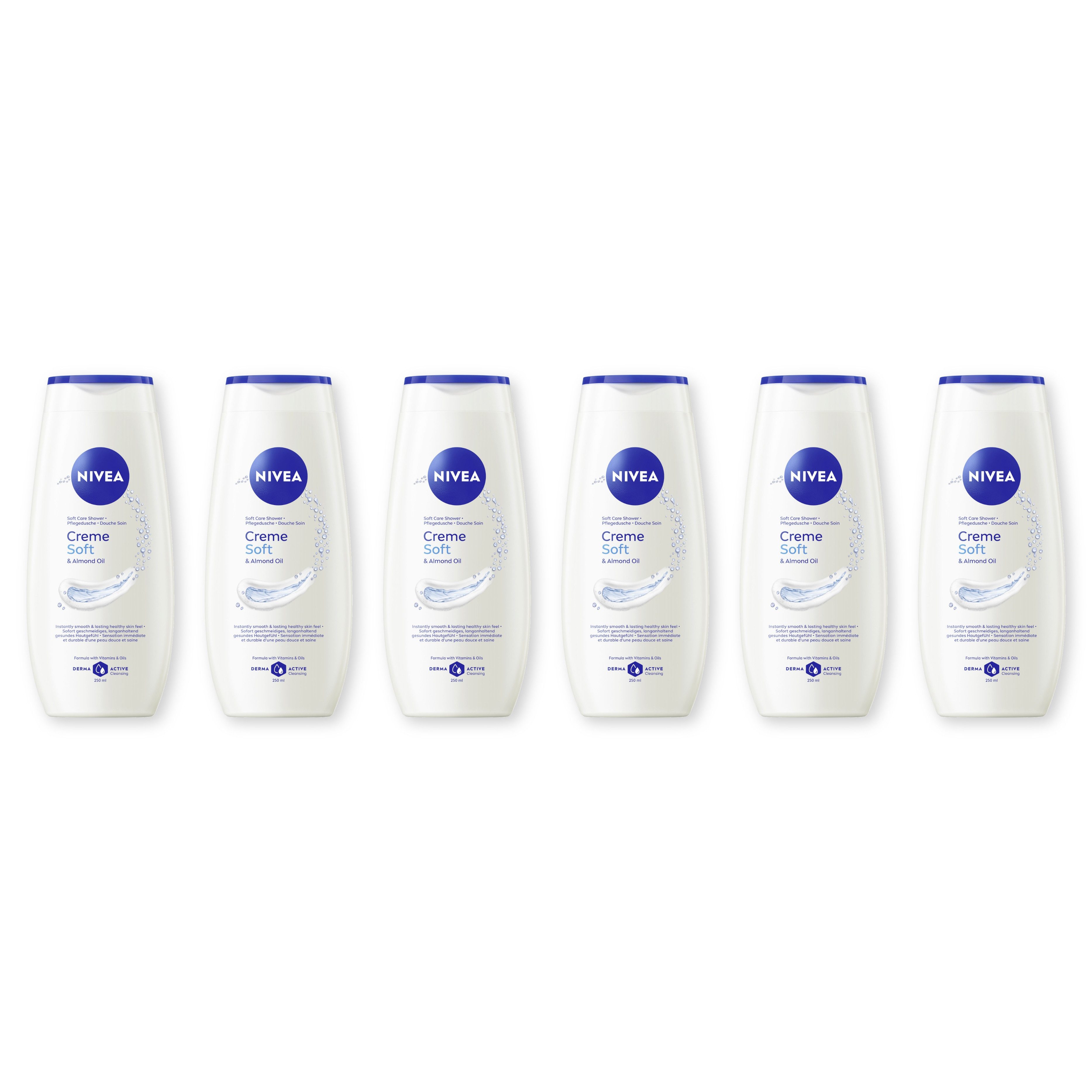 Nivea Duschcreme Creme Soft & Mandelöl Pflegedusche 6 x 250ml, 6-tlg., mit Vitamin C und E, wertvollen Ölen und Mandelöl