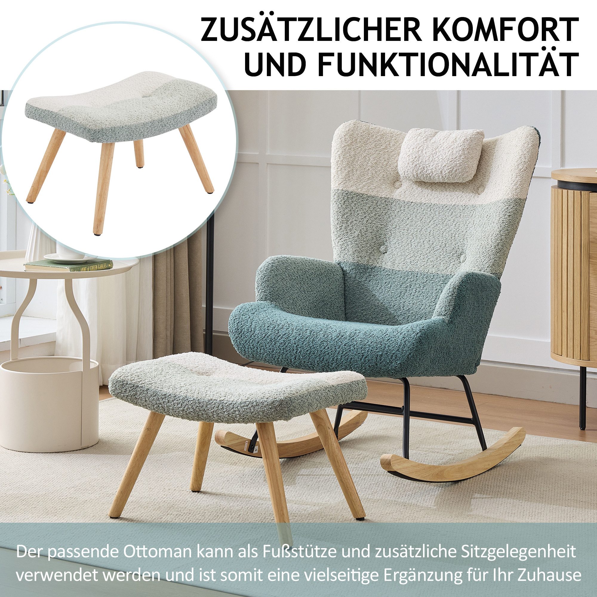 STILVORA Schaukelstuhl mit hocker Polsterstuhl aus Boucle-Samt,Relaxsessel mit Kopf,Patchwork (Wohnzimmersessel, Schlafzimmersessel, 2 St), mit hoher Rückenlehne, Kopfstütze Fußstütze