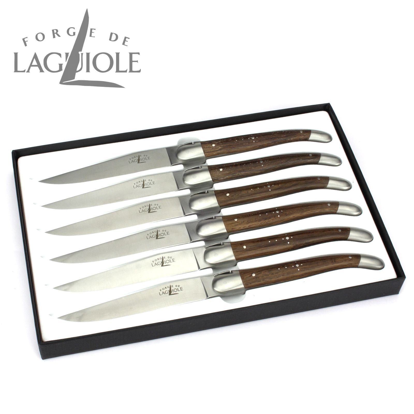 Forge de Laguiole Steakmesser T6 2M IN CHFC SAT 6er Set - Griff fossile Mooreiche - Stahl satiniert - Aufbewahrungsbox