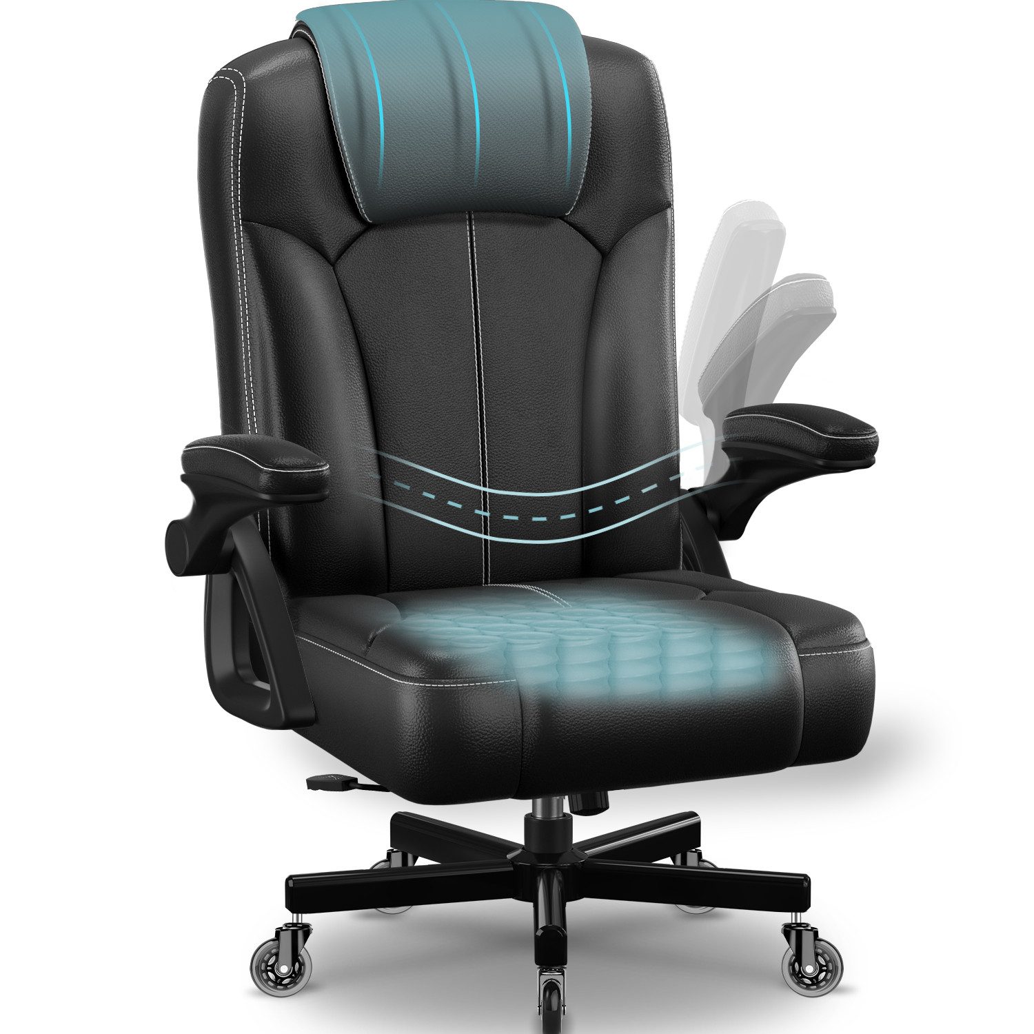 Homimaster Bürostuhl Ergonomischer Bürostuhl mit 90° Klapparmlehnen (Verstellbare Rückenlehne & hoher Sitzkomfort, Schreibtischstuhl mit 90-120° Neigungsfunktion & Lendenwirbelstütze), bis 150 kg belastbar
