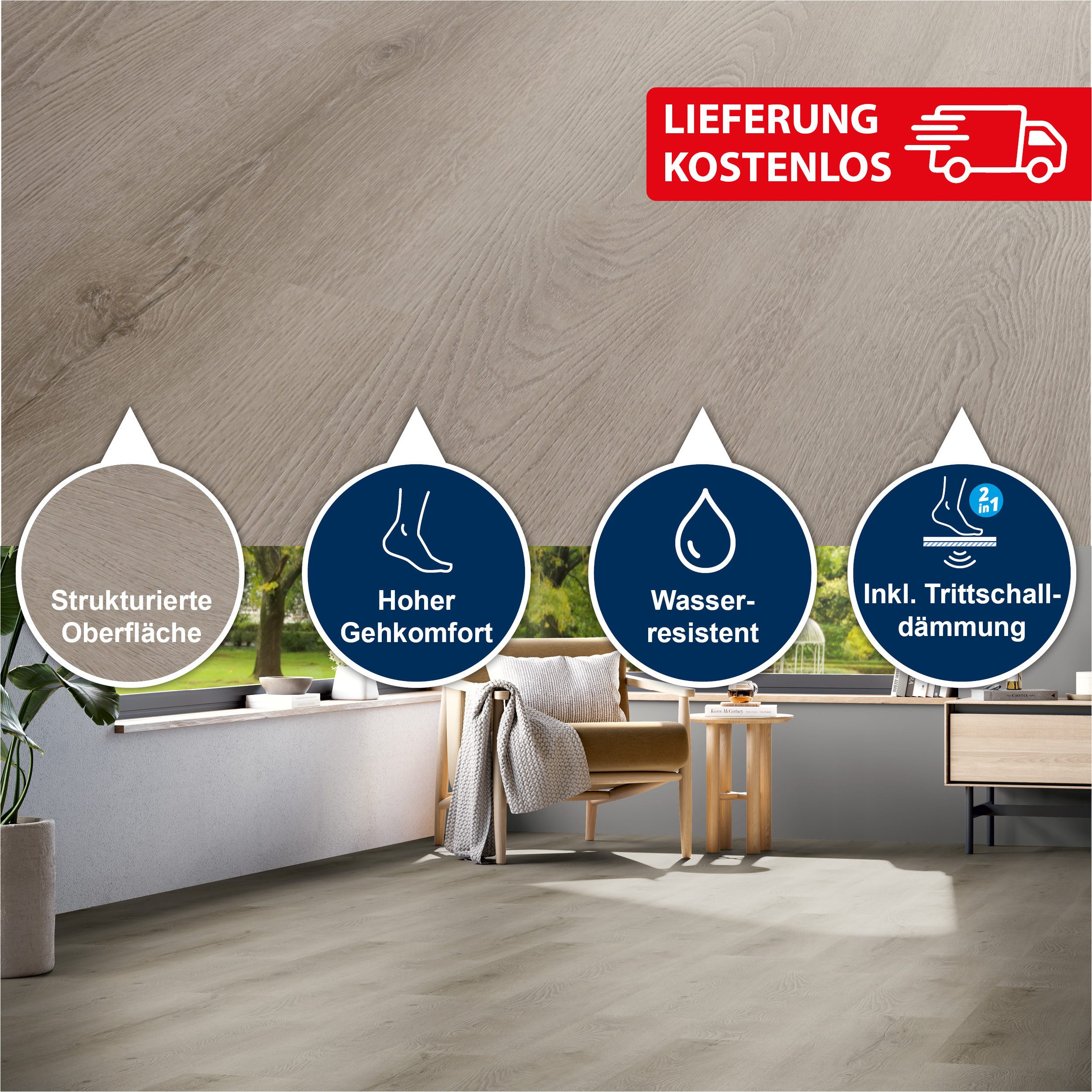 Strong SPC Designboden 1220 x 230 x 4,8 mm Premium Klick-Vinylboden inkl. Trittschalldämmung, Packung mit 2,245 qm, Versandkostenfreie Lieferung, Inkl. Trittschalldämmung, Wasserfest und mit Klicksystem