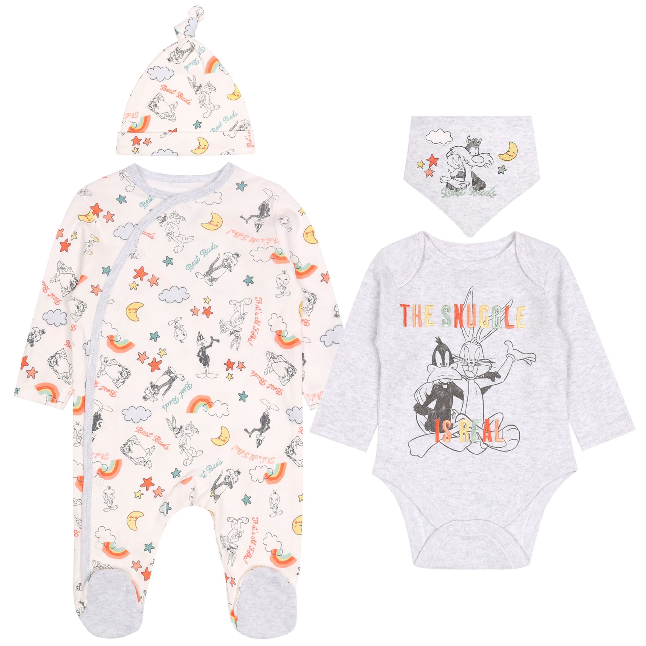 Body Buntes Set Strampler, Body, Lätzchen, Mütze Bugs Bunny 0-1 Monate
