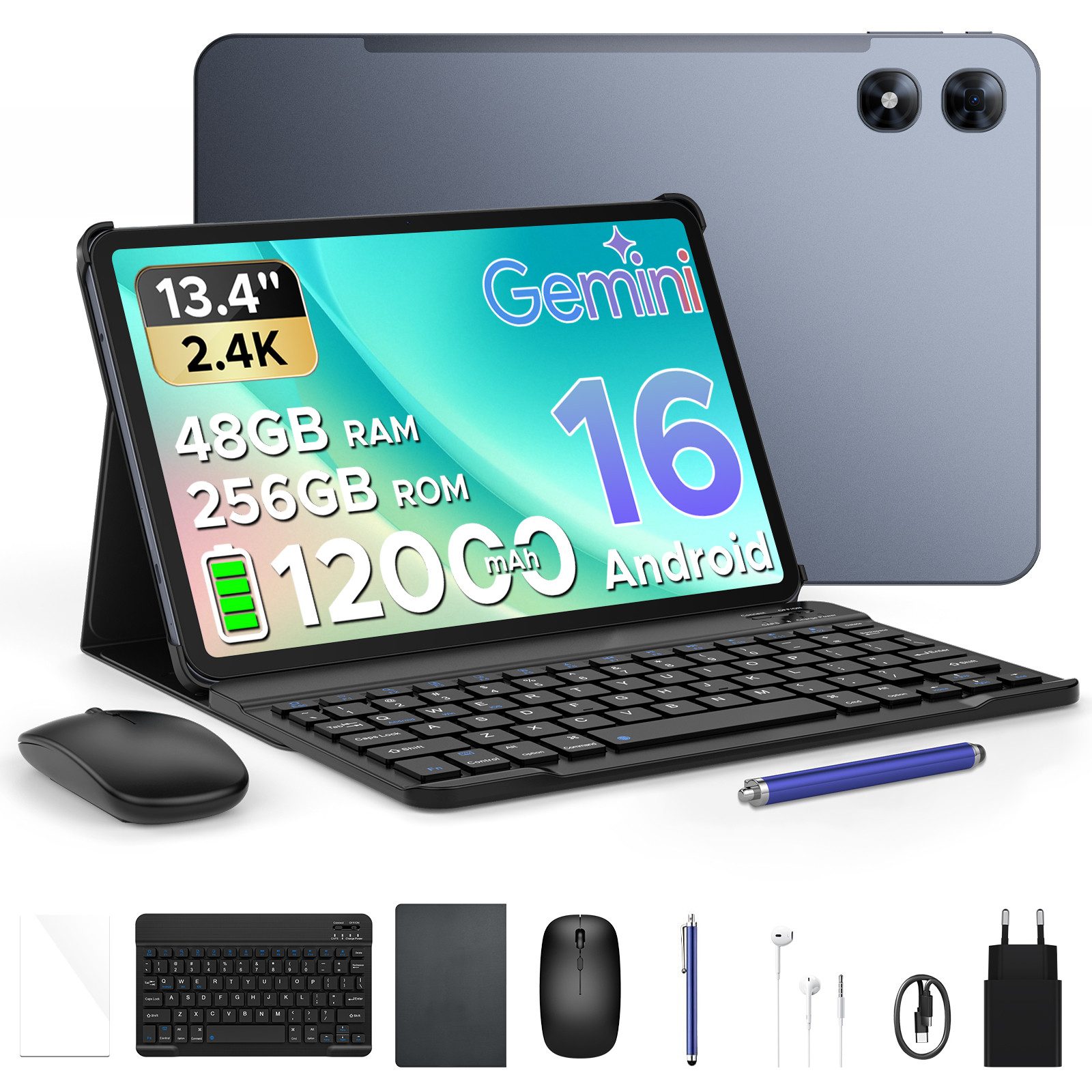 POCKAM P13 Pro Tablet mit Tastatur 13,4'' 2.4K 120Hz 12000mAh Android16 Tablet (13.4", 256 GB, Android 16, 4G LTE, 48GB RAM (12+36GB)/ 4G LTE/ 3,5-mm-Kopfhörerbuchse, Tastatur, Hülle)