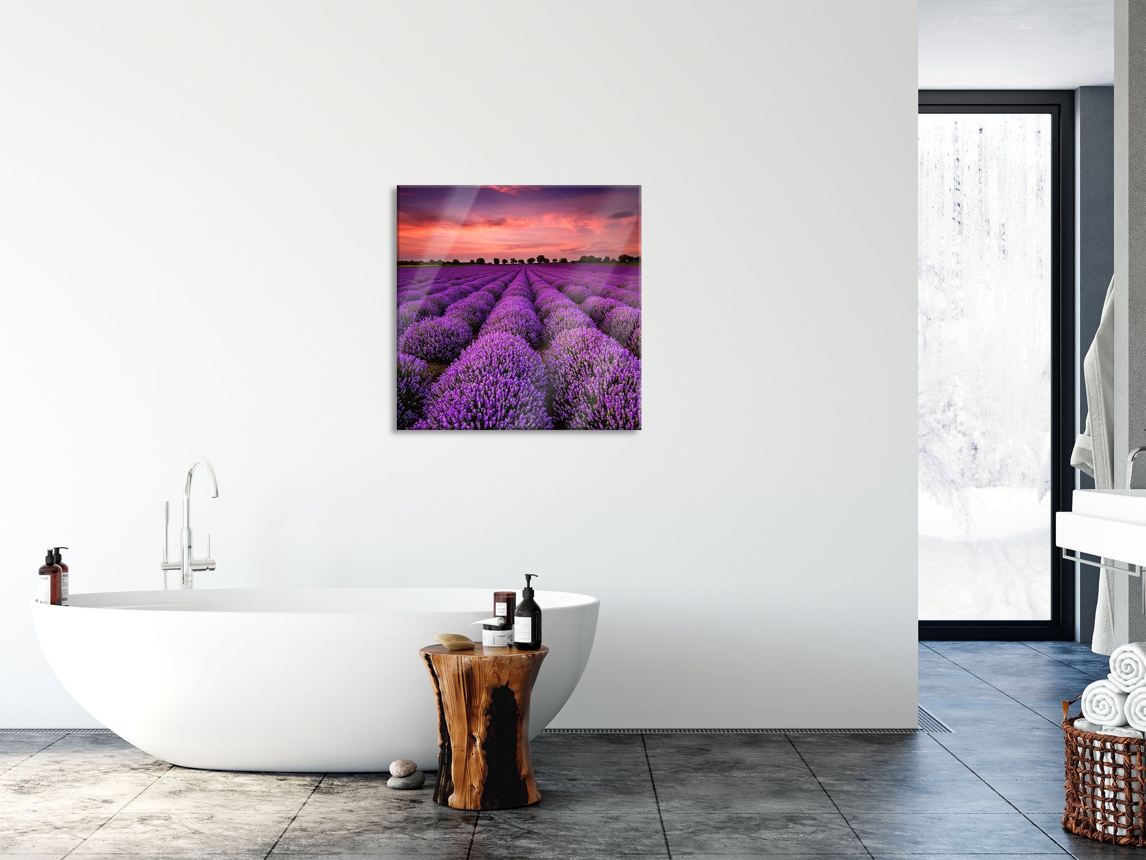 Lavendel inkl. Echtglas, Glasbild aus St), und Abstandshalter (1 Pixxprint Wunderschöne Aufhängungen Provence Lavendel Wunderschöne Provence, Glasbild