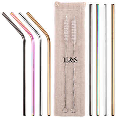 H&S Trinkhalme Reusable Stainless Steel Straws - 8-Piece Set with Brushes and Bag, (1-tlg), Reusable Steel Straws - 8pc Set with Brushes and Bag