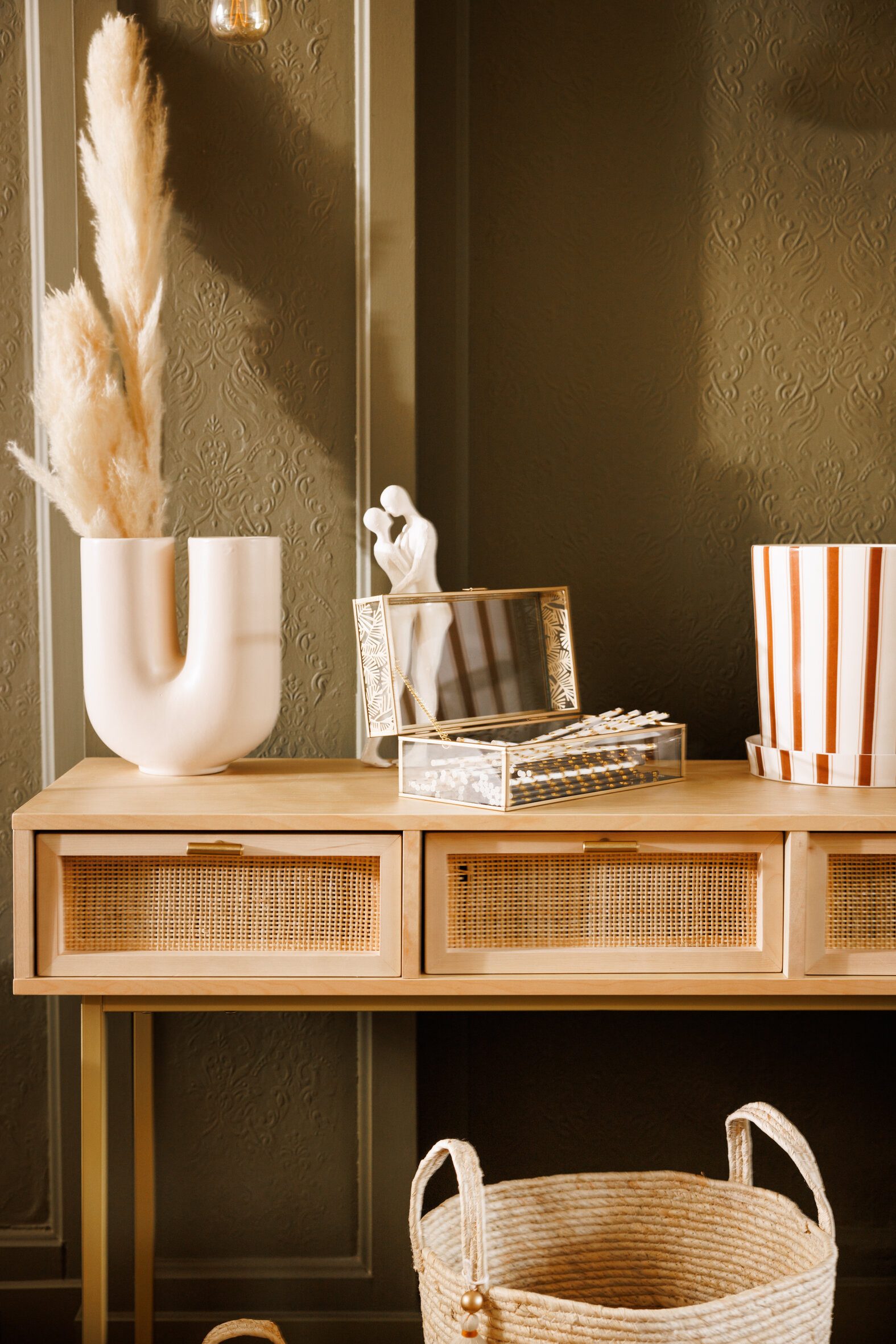 Atmosphera Créateur d'intérieur Schreibtisch Schmale Konsole Boho RAYO mit 3 Schubladen und Wiener Geflecht (funktional)