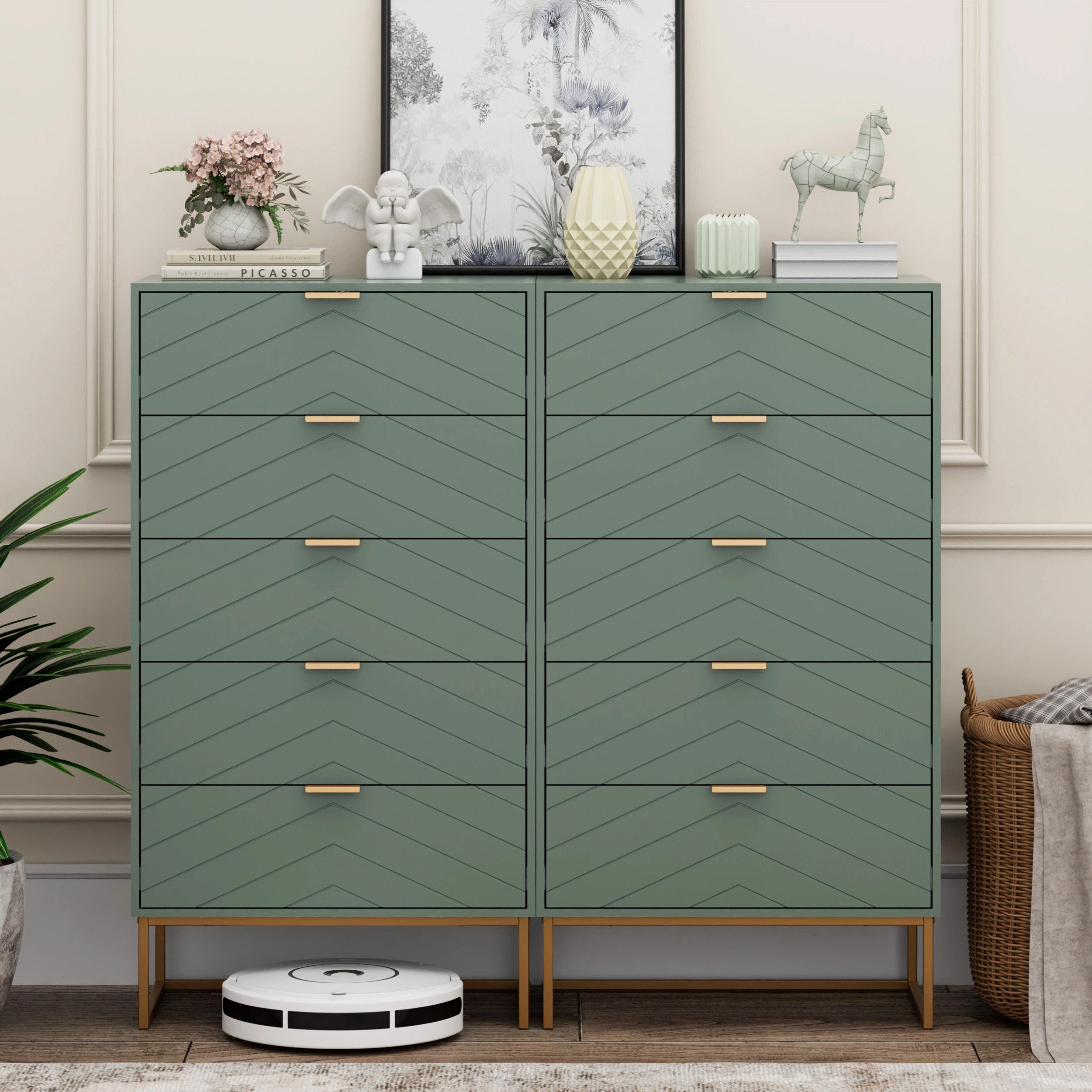 UEV Kommode mit 5 Schublanden, Sideboard, Schubladenschrank, Schmal kommode modern (60x34x110cm, Schrank für Wohnzimmer Schlafzimmer Flur Büro), mit Kippschutz Aufbewahrungskommode, Mehrzweckschrank aus Holz