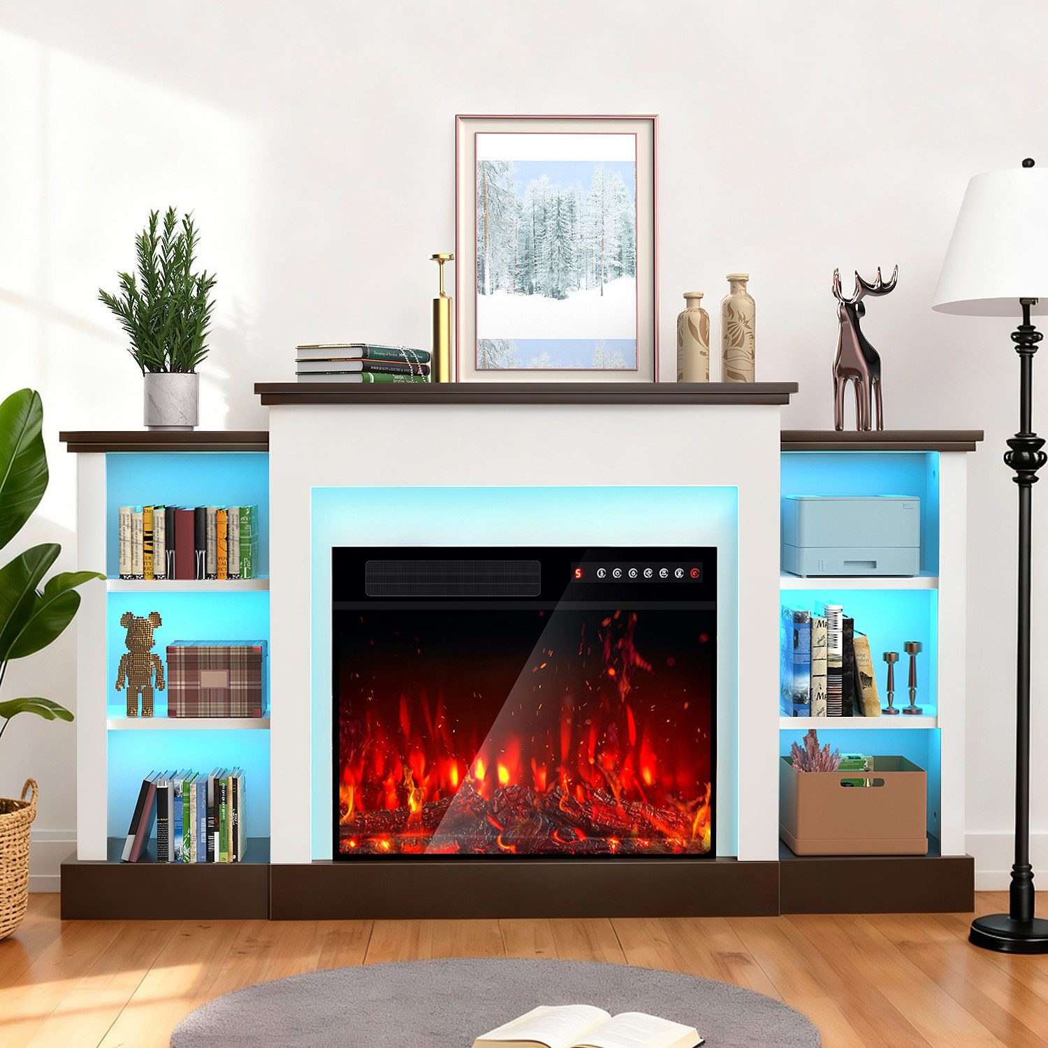 oyajia Elektrokamin Elektrischer Standkamin mit Ablagefach, 3D-Flammeneffekt, LED-Ambientebeleuchtung, Heizung 2000W,Timer, Thermostat,Fernbedienung