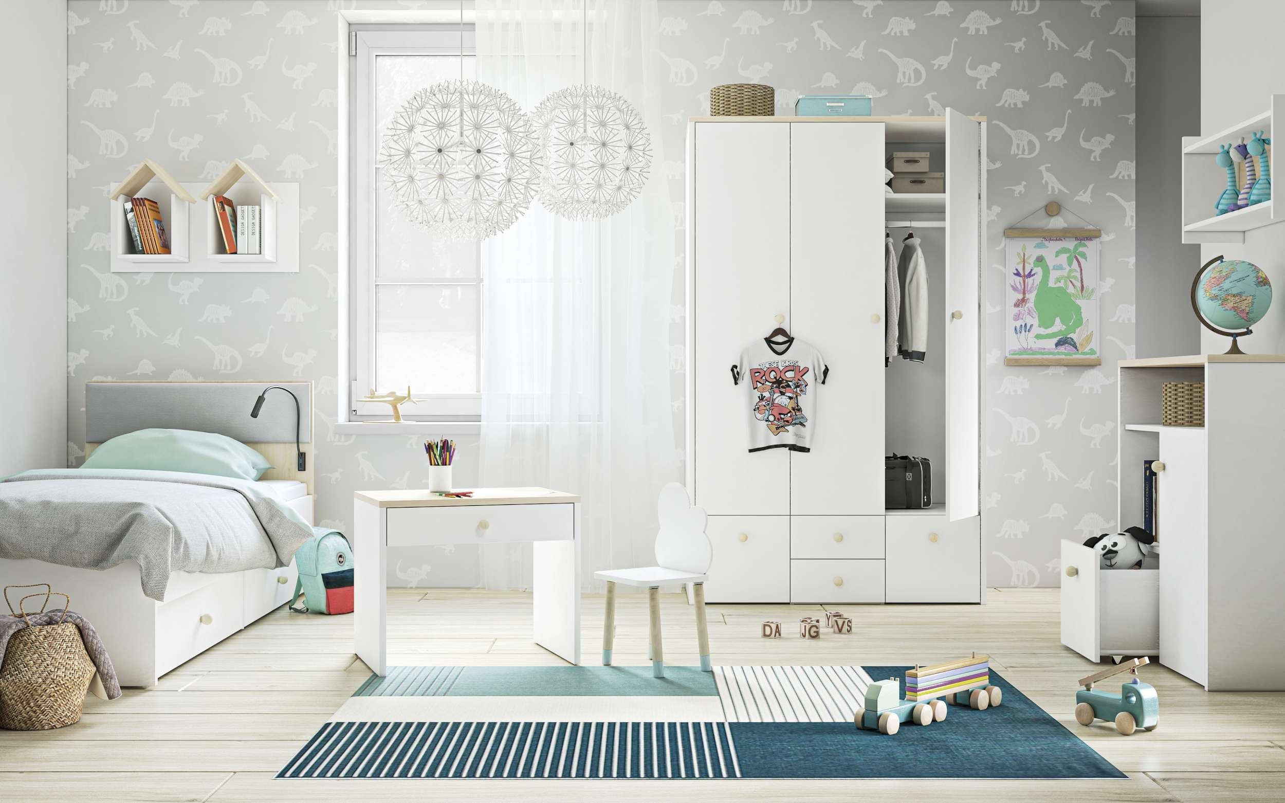 Stylefy Kinderkleiderschrank Molli Weiß Fjord - Buche III