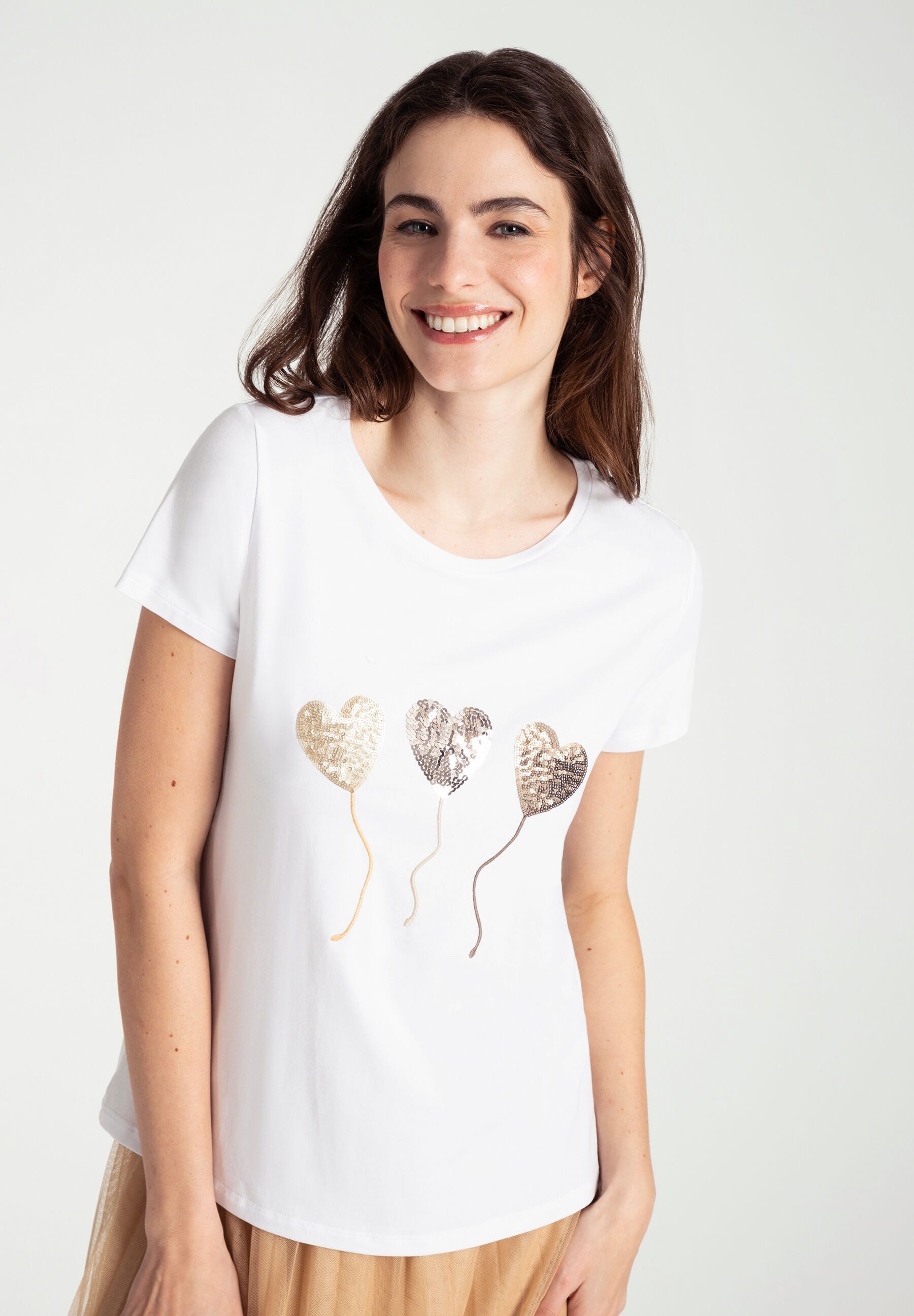 MORE&MORE Kurzarmshirt Paillettenherzenshirt günstig online kaufen