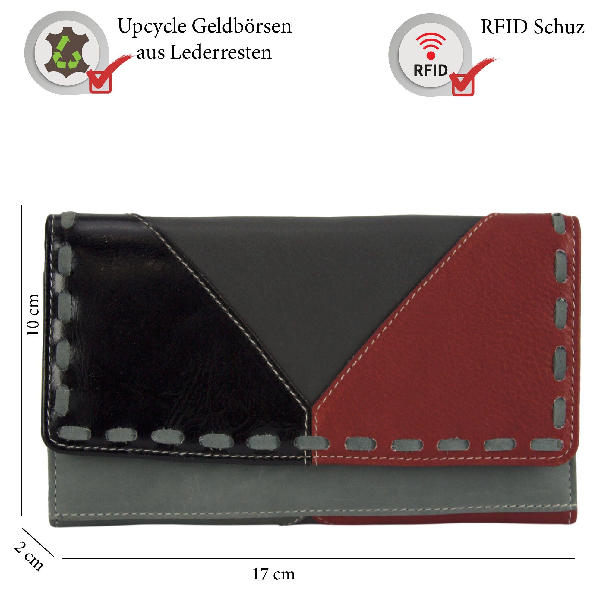 Leder, Damen Geldbörse Leder Lederresten, recycelten Geldbeutel. Sunsa schwarz/grau/rot aus Geldbörse. mit Echt aus echt RFID-Schutz, Unisex Lederreste, Portemonnaie