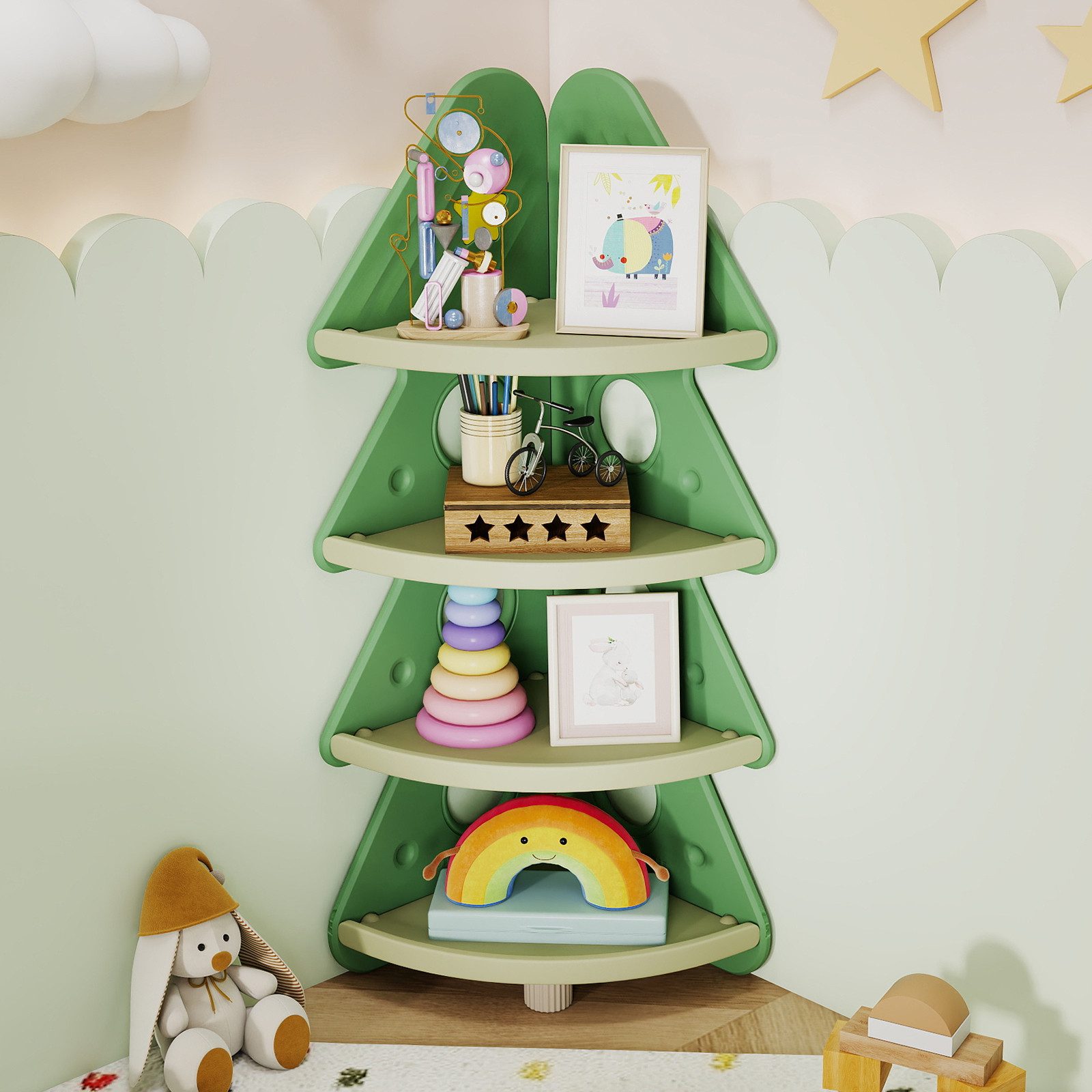 COSTWAY Kinderregal, 4-stöckiges Kinder-Weihnachtsbaum-Eckbücherregal