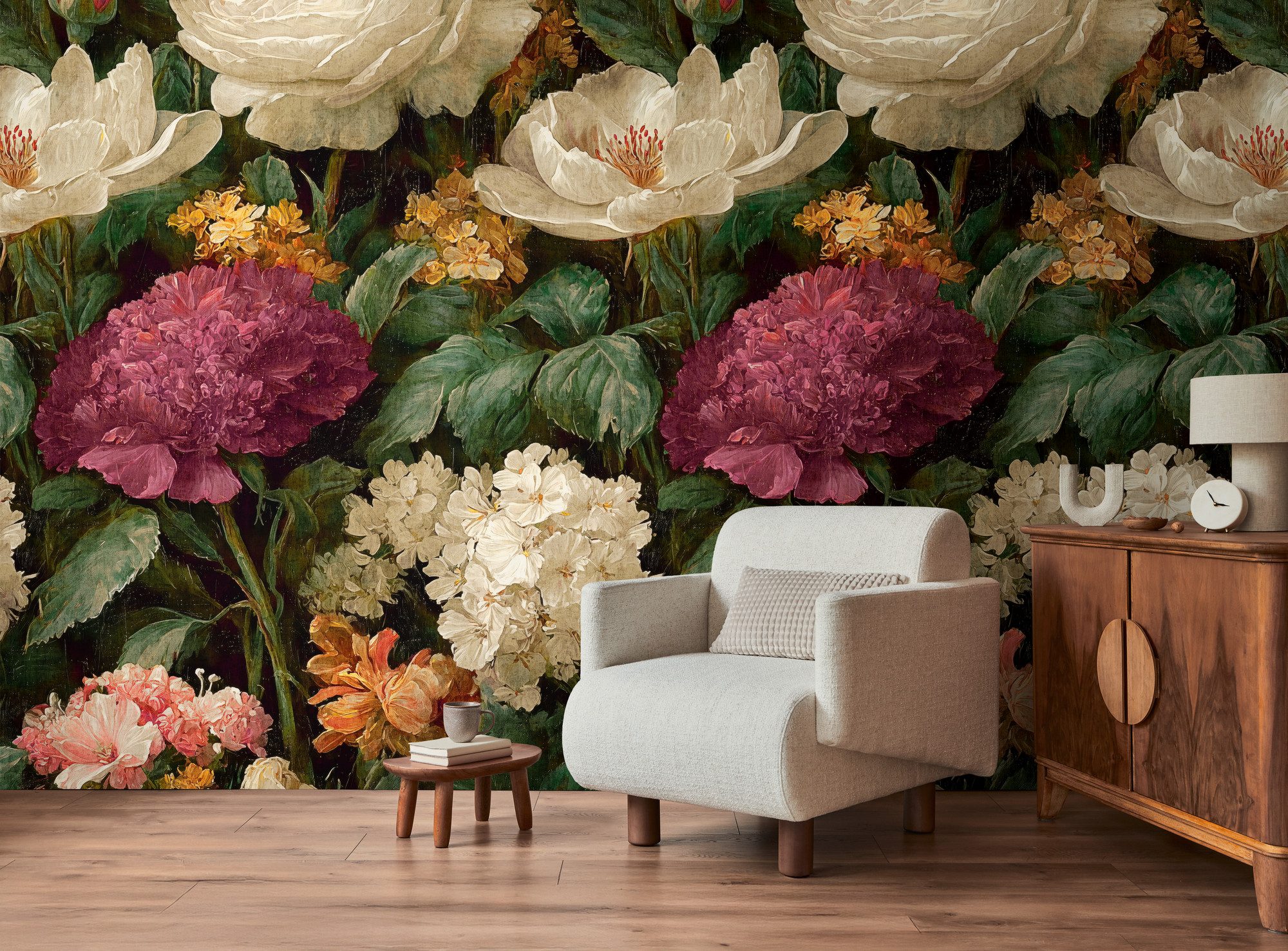 living walls Fototapete The Wall 4 Flowers – Üppige Rosenblüten Vlies-Fototapete, leicht strukturiert, floral, matt, botanisch, (1 St), Üppige Rosenblüten mit natürlicher Tiefenwirkung