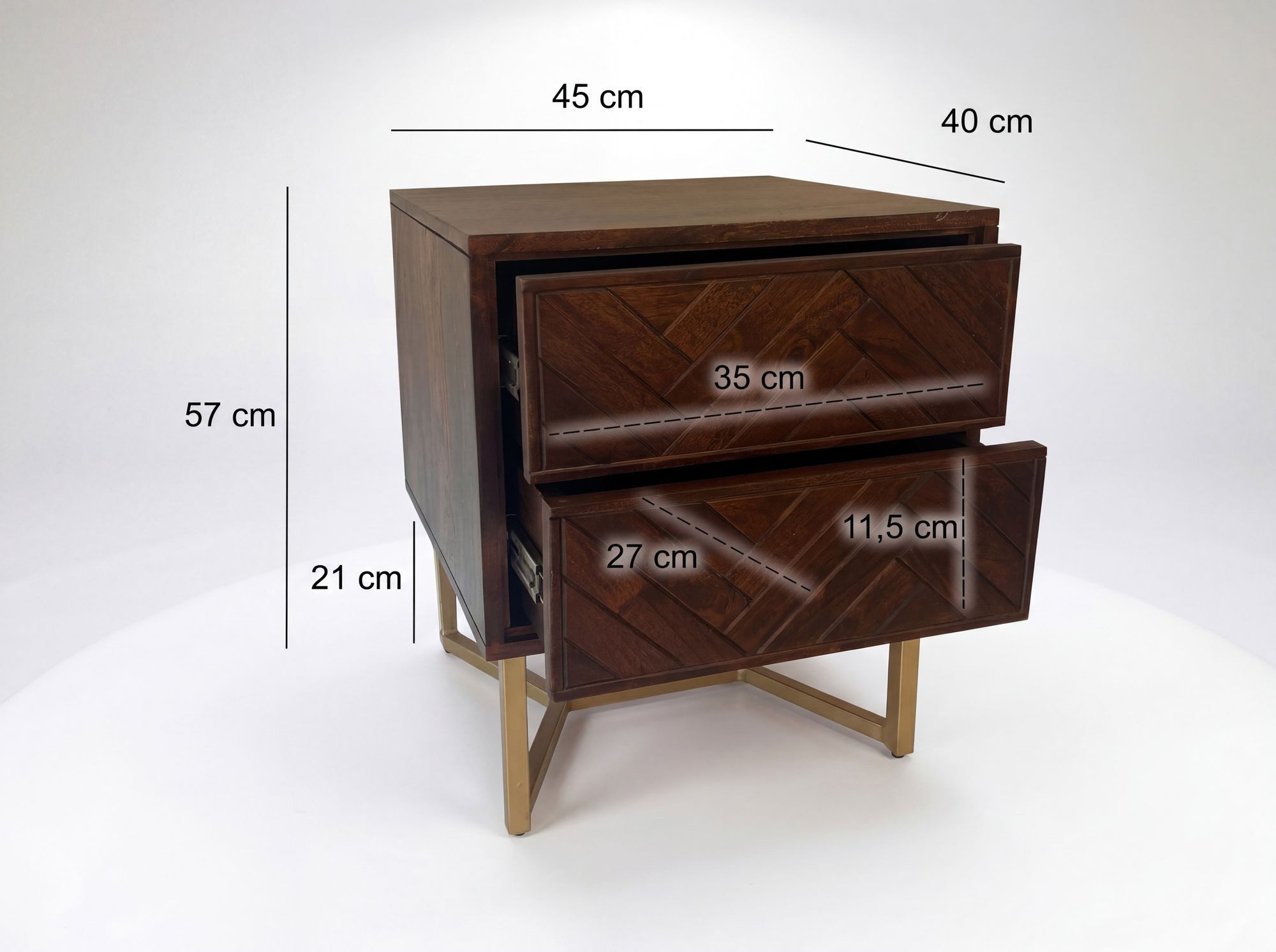 FINEBUY Nachttisch FB110155 Akazie Massivholz 2 Schubladen Nachtkommode Nachtkästchen (Industrial, 45x40x57 cm Akazie Massivholz Metall), Nachtkonsole Modern, Nachtkästchen mit Schubladen