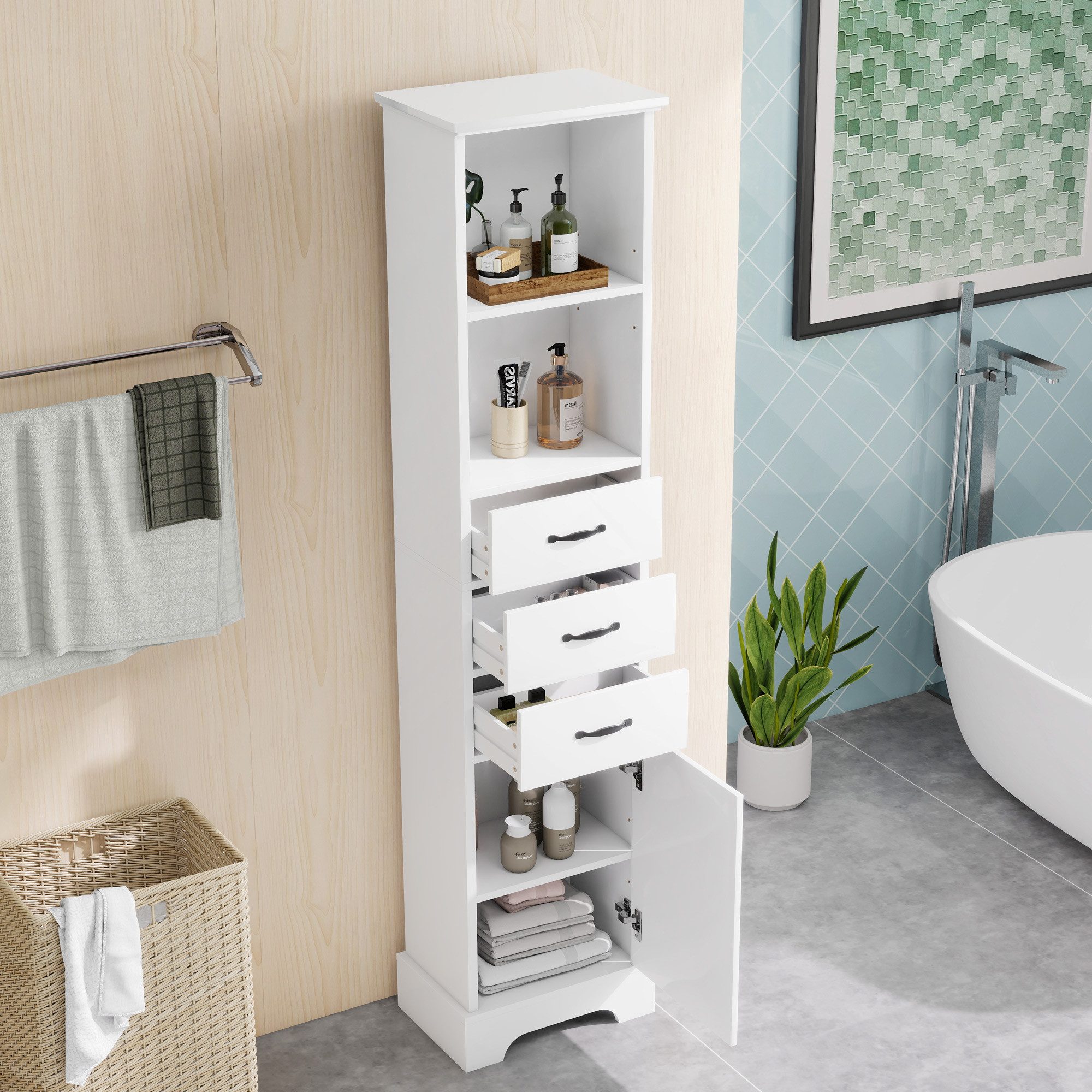 Flieks Badkommode Badezimmerschrank Hochschrank mit Feuchtigkeitsbeständigkeit (1 St., 38x26x172,5 cm), Mehrzweckschrank mit Schubladen und verstellbaren Einlegeböden Weiß