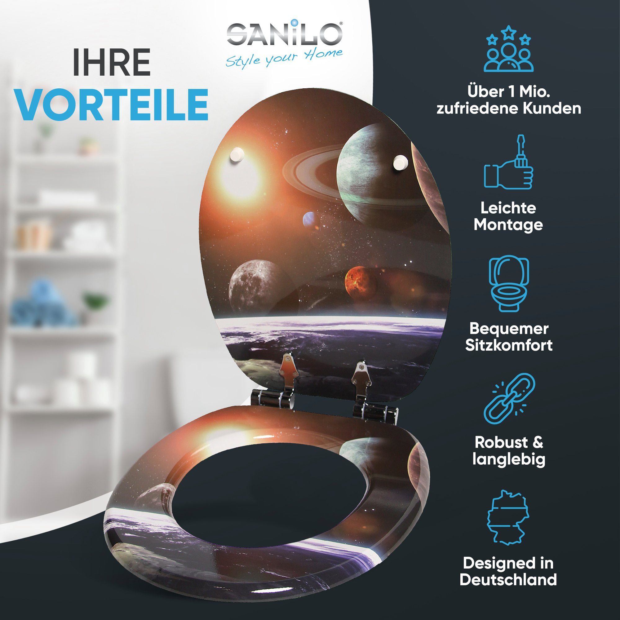 Sanilo WC-Sitz Planeten mit Absenkautomatik, Toilettendeckel direkt vom Hersteller, hochwertig & moderner Klodeckel mit Motiv, universell, leichte Montage