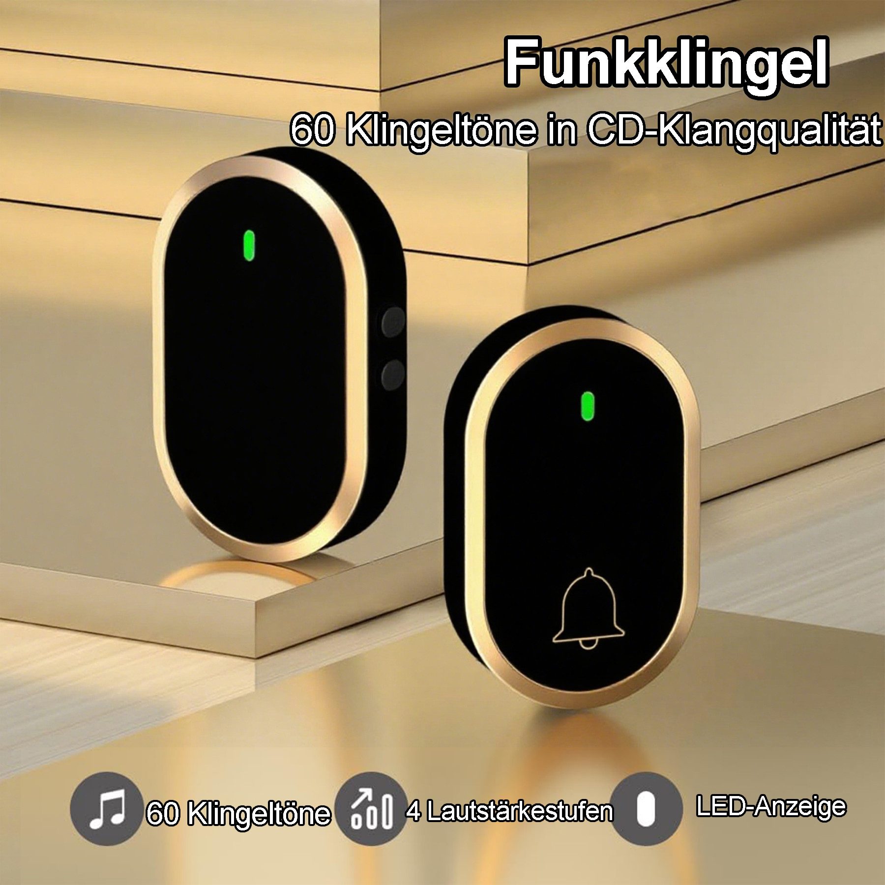 Senmudi Türklingel Funkklingel, Türklingel Funk Set, 300 m Reichweite, wasserdicht (Plug-in Empfänger mit LED-Blitz, 4 Lautstärkestufen, 60 Melodien), einfache Installation, Außen Haustürklingel
