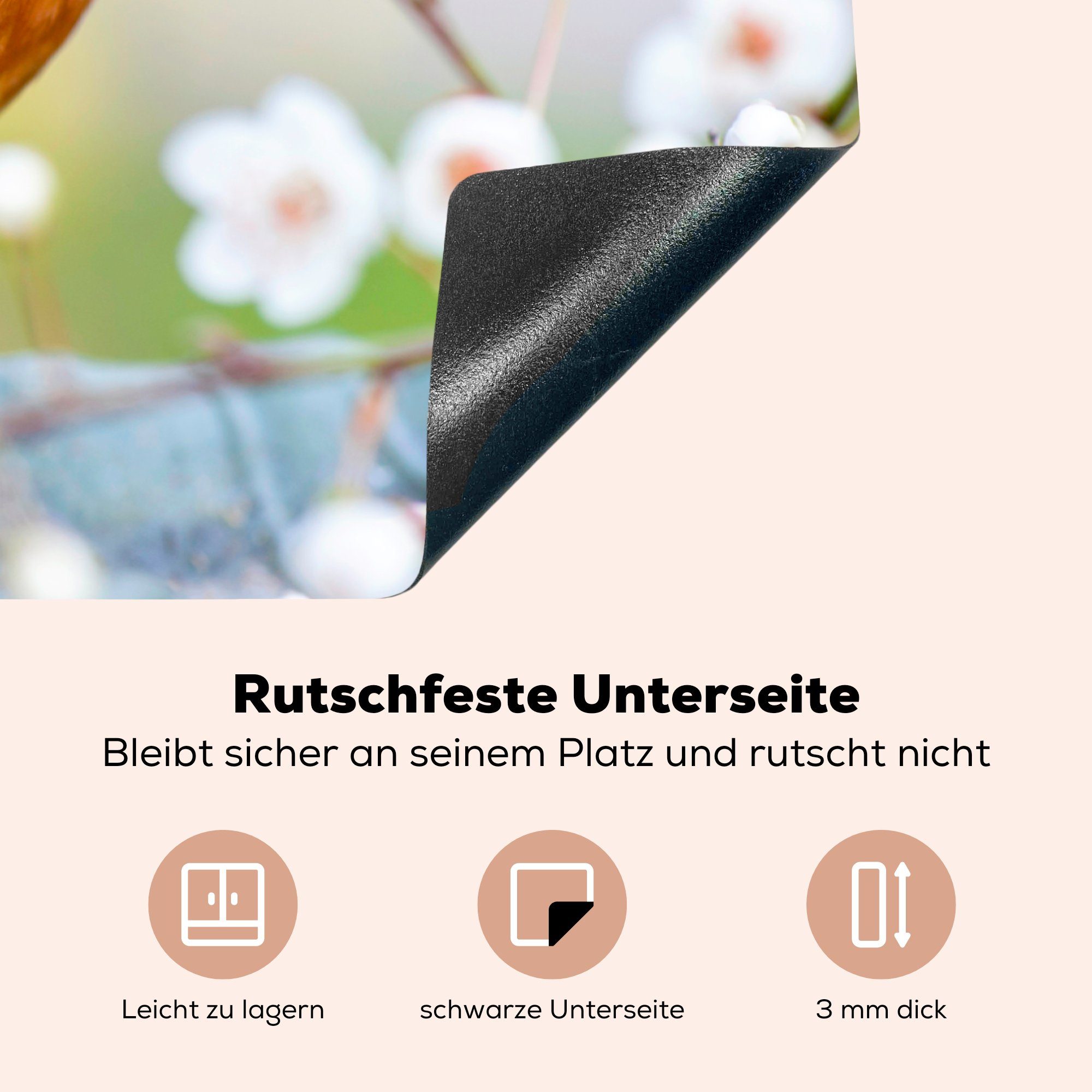 81x52 cm, Ceranfeldabdeckung (1 küche, tlg), Blumen Zweig, für MuchoWow Herdblende-/Abdeckplatte die - Vinyl, Induktionskochfeld - Rotkehlchen Schutz