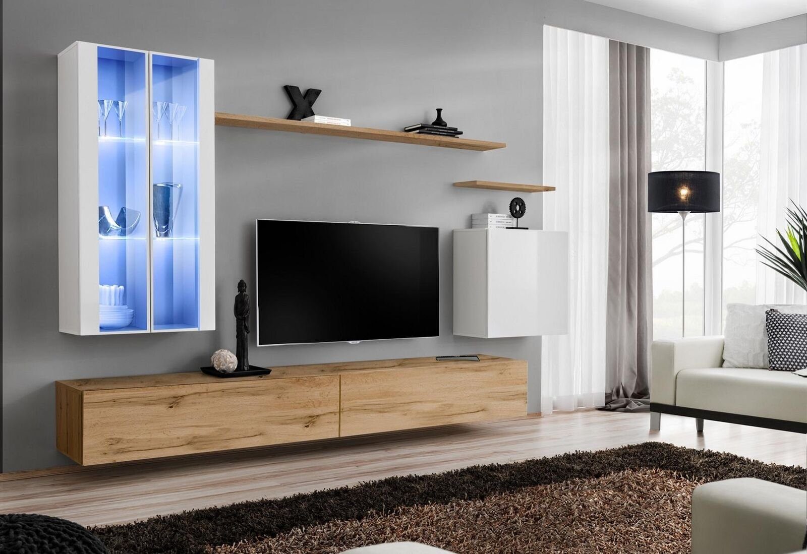 JVmoebel Wohnzimmer-Set Holzmöbel TV-Ständer Wandschrank Wohnzimmermöbel Komplett Set, (8-St., 1x Wohnwand + 2x TV Ständer + 3x Wandschrank + 2x Wandregal), Made in Europa