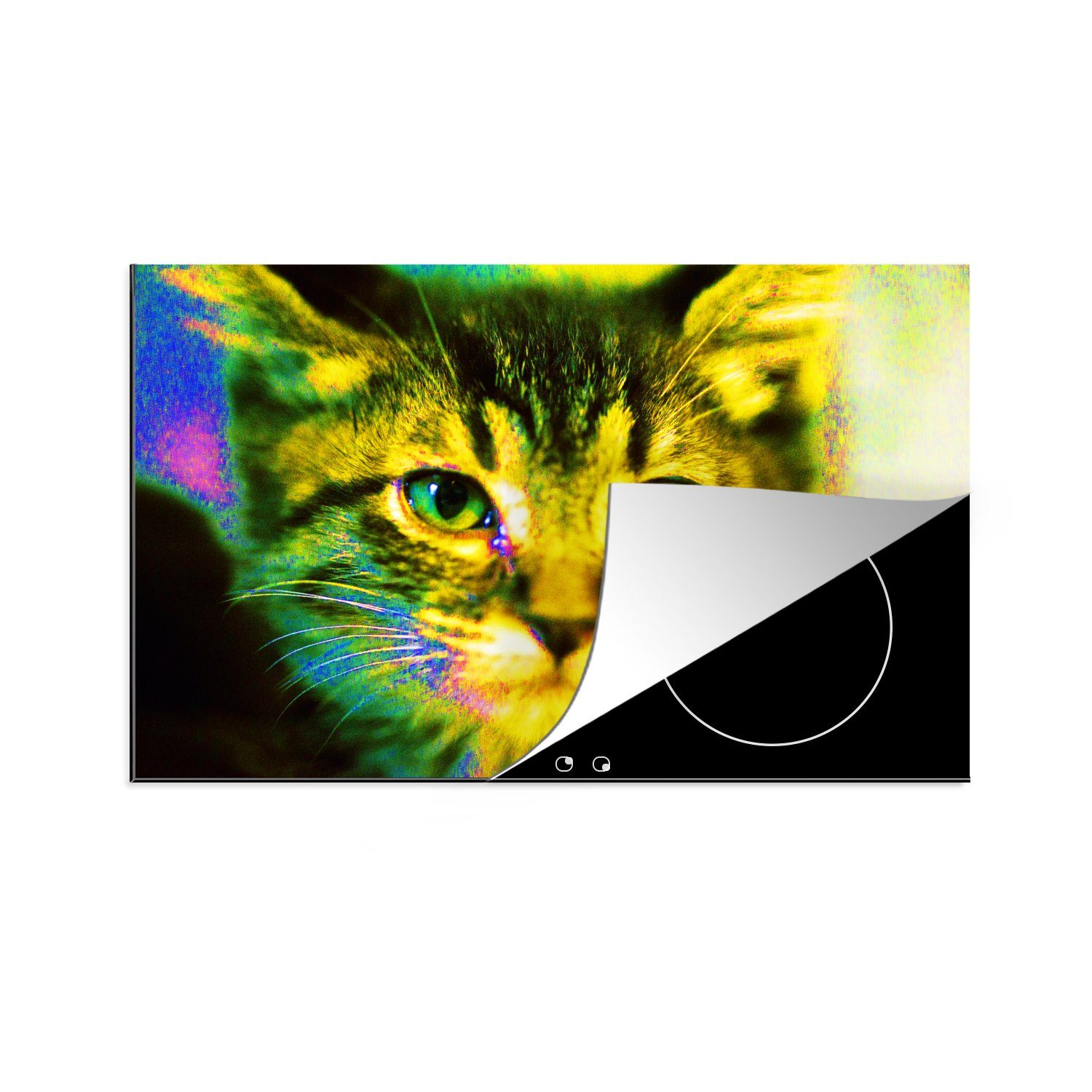 MuchoWow Herdblende-/Abdeckplatte Ein Pop-Art-Bild von einer Katze, Vinyl, (1 tlg), 81x52 cm, Induktionskochfeld Schutz für die küche, Ceranfeldabdeckung