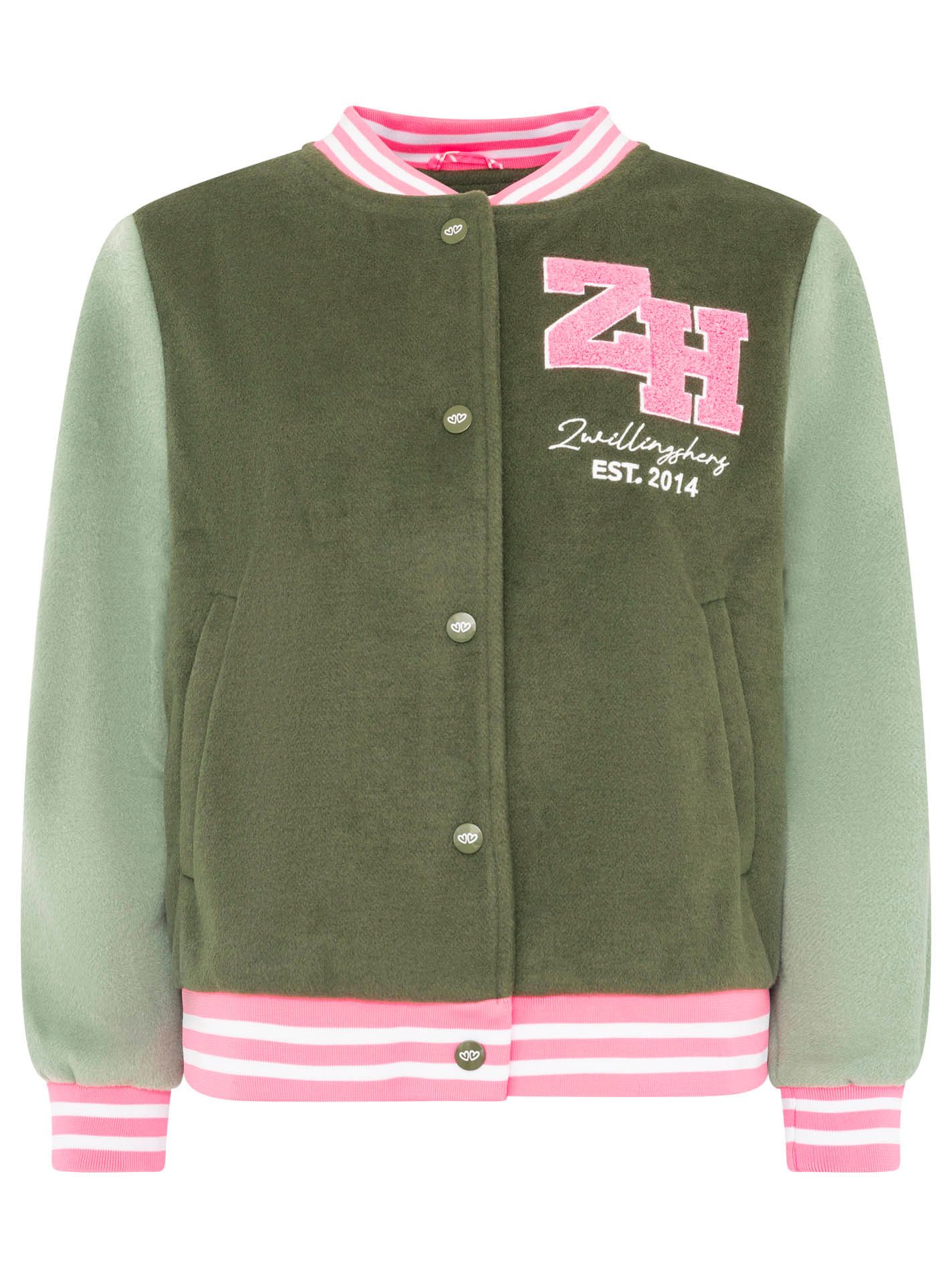 Zwillingsherz Bomberjacke „College Uni“ abgesetzte Ärmel, gestreifte Bündchen, Eingriffstaschen, Aufnäher – Bild 4 von 5