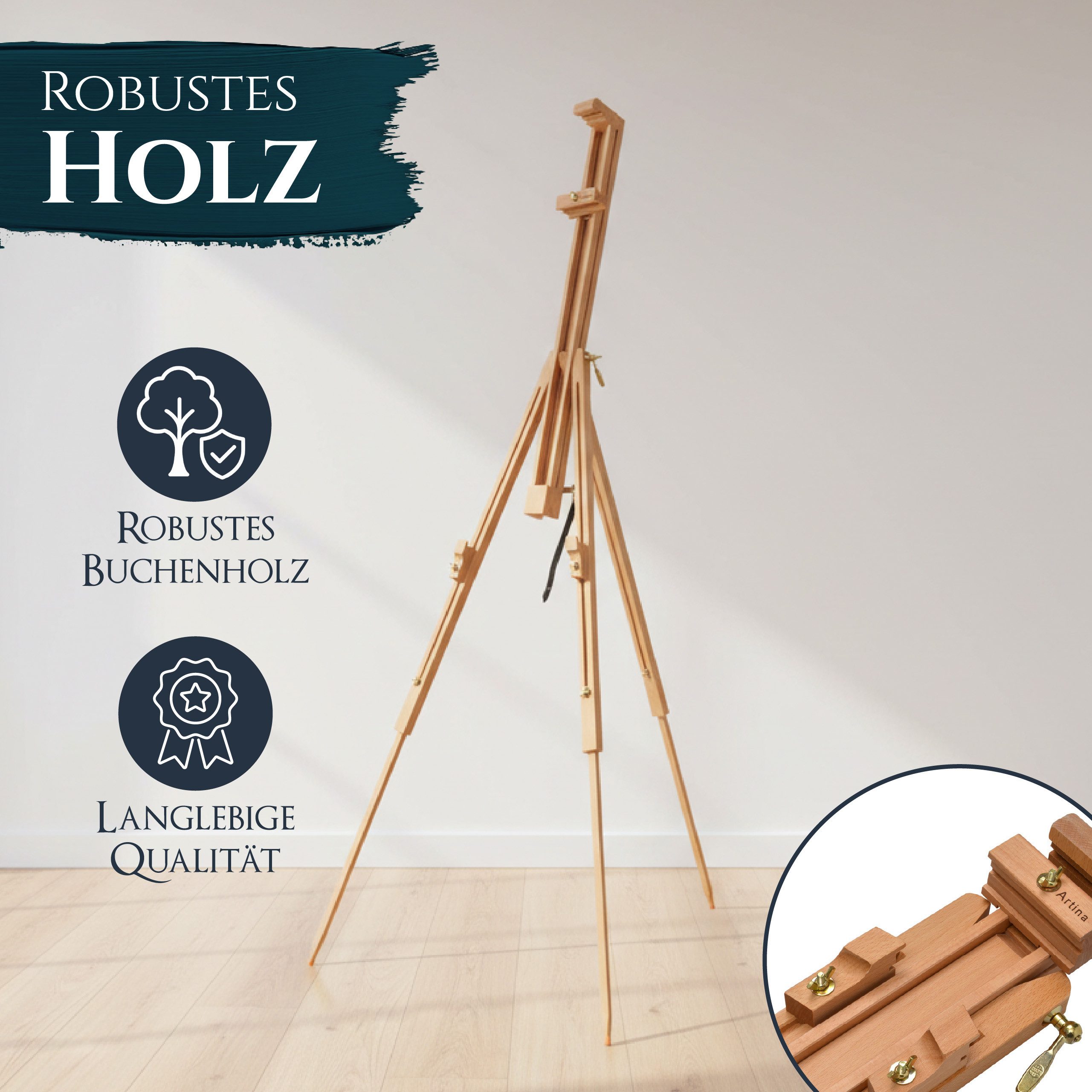 Artina Staffelei Staffelei Holz für Leinwände bis 100 cm Porto Neigungswinkel 90°, Stufenlos Verstellbar Tragbare Atelierstaffelei Feldstaffelei Buche