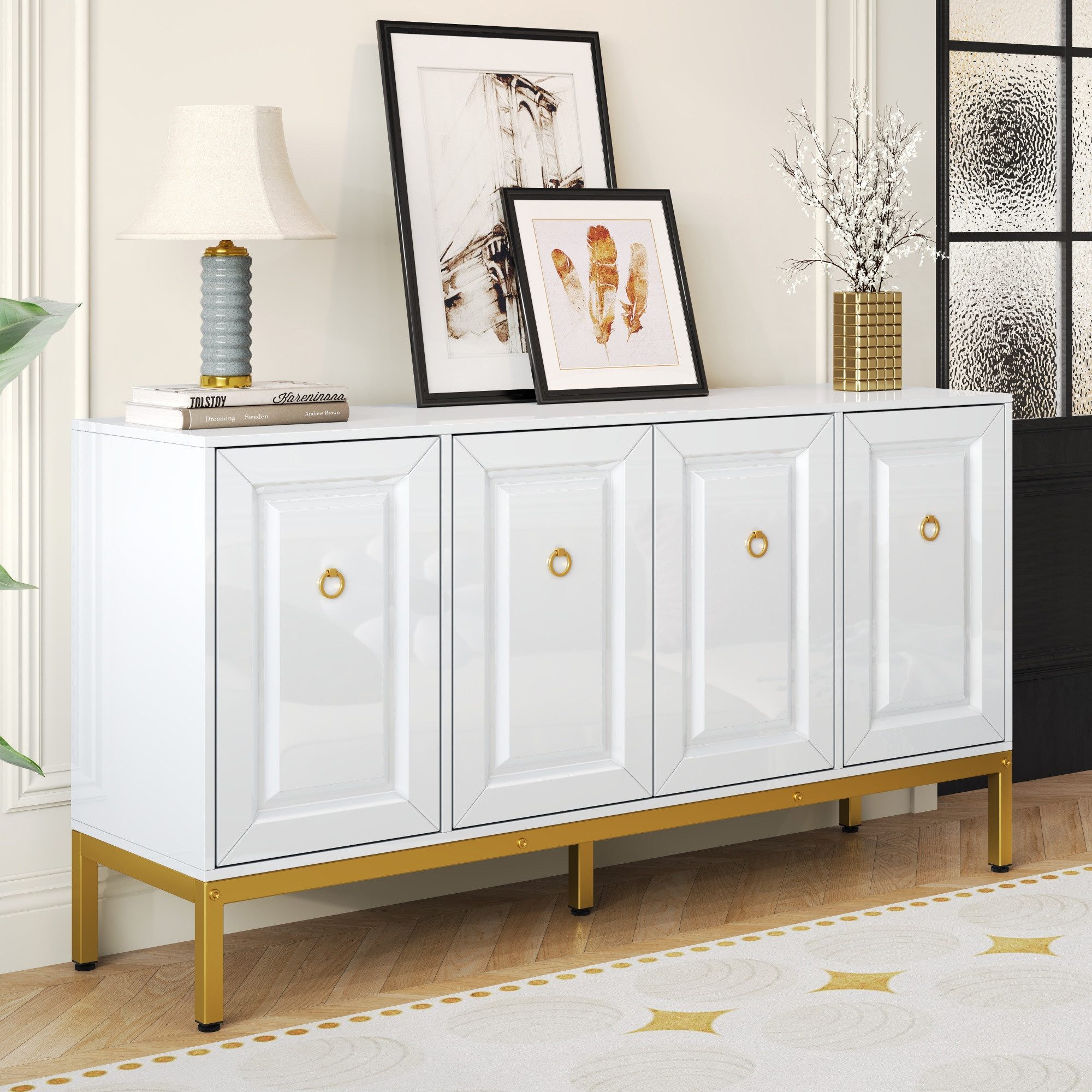 MODFU Sideboard Sideboard (Kommode, Buffetschrank, Küchenschränke, 1 St., Spanplatte+MDF), mit Regalen, goldene Griffe und Beine