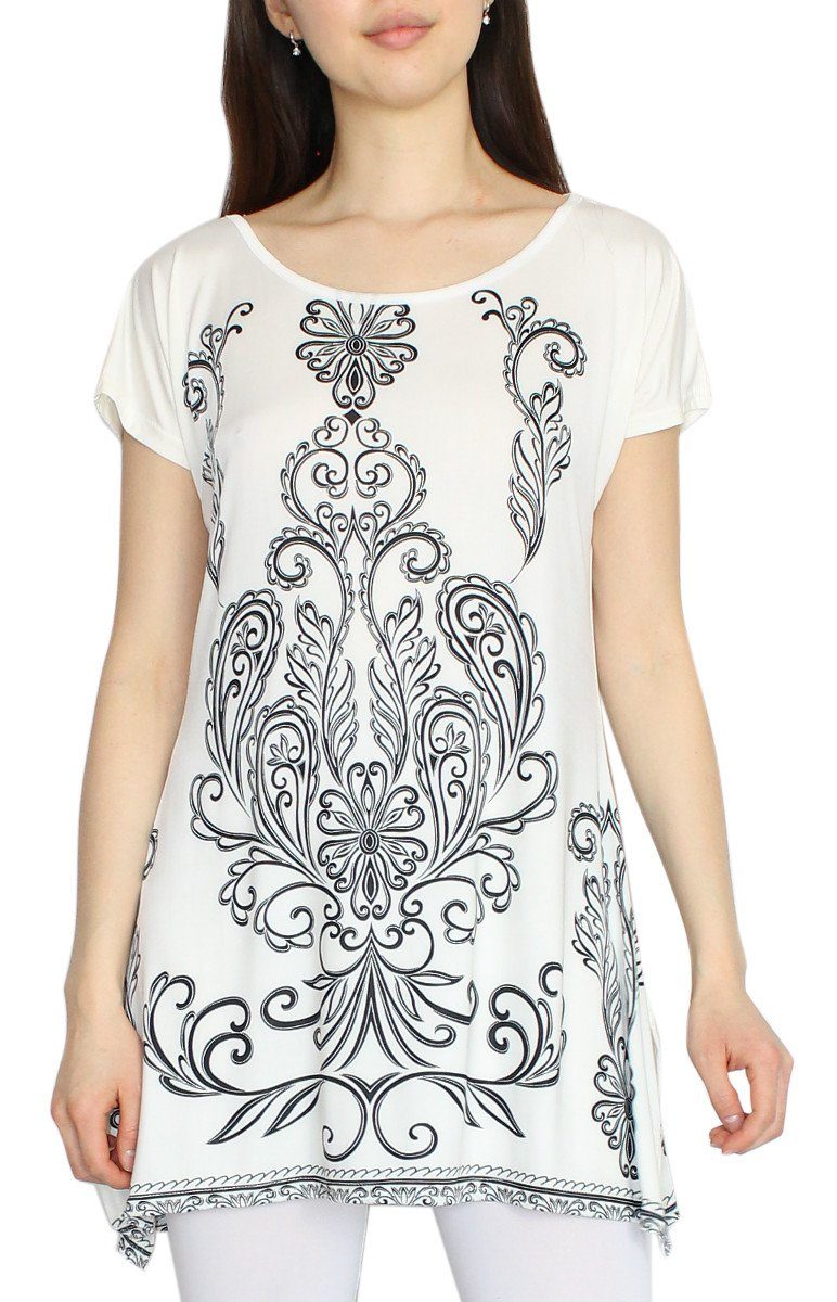 TS002-Weiß dy_mode Longshirt Damen T-Shirt Rundhalsausschnitt mit mit Geblümt Seitenschlitze Longshirt Shirtkleid Kurzarm