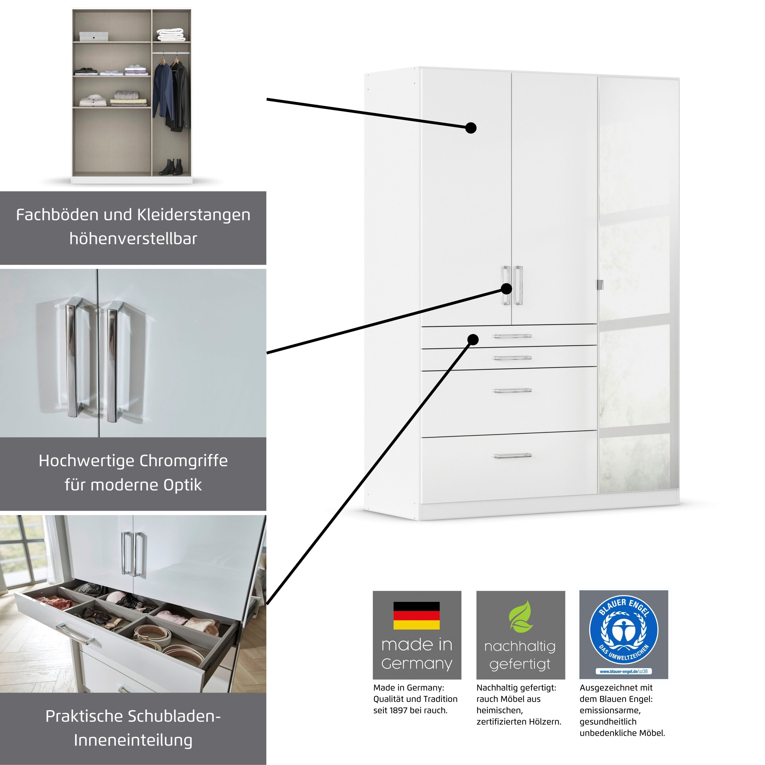 rauch Drehtürenschrank Kleiderschrank Schrank Garderobe Garderobenschrank Topseller HOMBURG mit Spiegel, oberer Schubkasten mit Einteilung MADE IN GERMANY