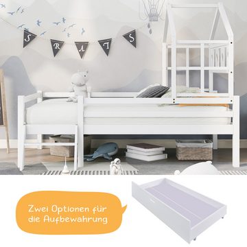 IDEASY Kinderbett Haushaltsbett aus Massivholz, mit Lattenrost und Rausfallschutz, Schubladen auf Rollen, 52 cm breite Treppe, 90 x 200 cm