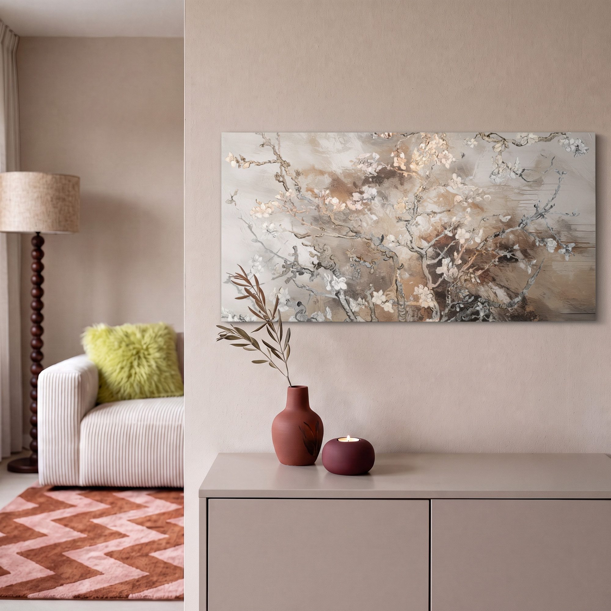 OneMillionCanvasses® Leinwandbild Panorama Mandelblüte - Kunst - Van Gogh - Beige - Abstrakt, Fotodruck (1 St), Wandbild, Deko Schlafzimmer Wohnzimmer Flur 40x2 – Bild 2 von 5