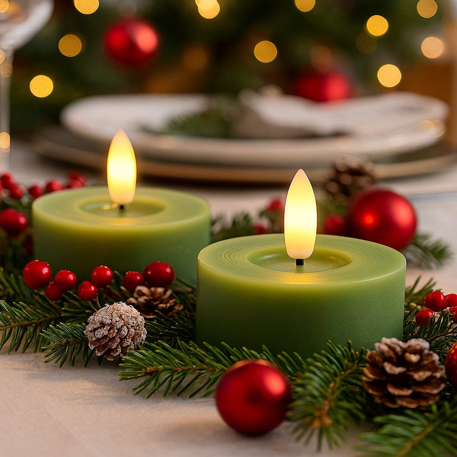 Adilina LED-Kerze LED Maxi Teelichter Lina Rustik Optik Echtwachs D: 7cm grün 2er Set (2-tlg)