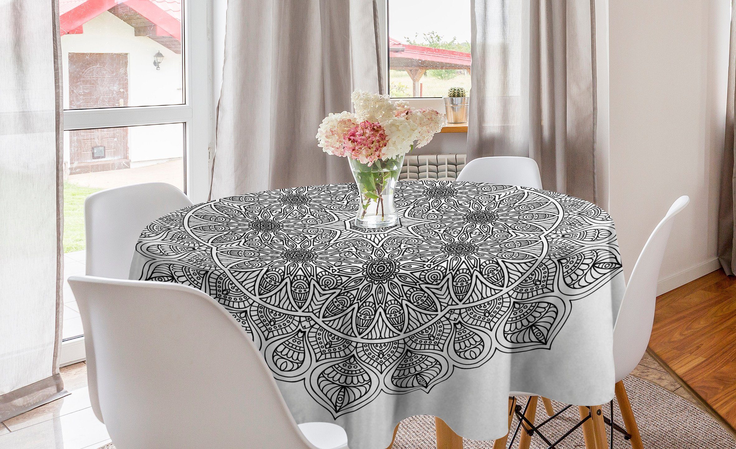Abakuhaus Tischdecke Kreis Tischdecke Abdeckung für Esszimmer Küche Dekoration, Schwarz Mandala Blumen
