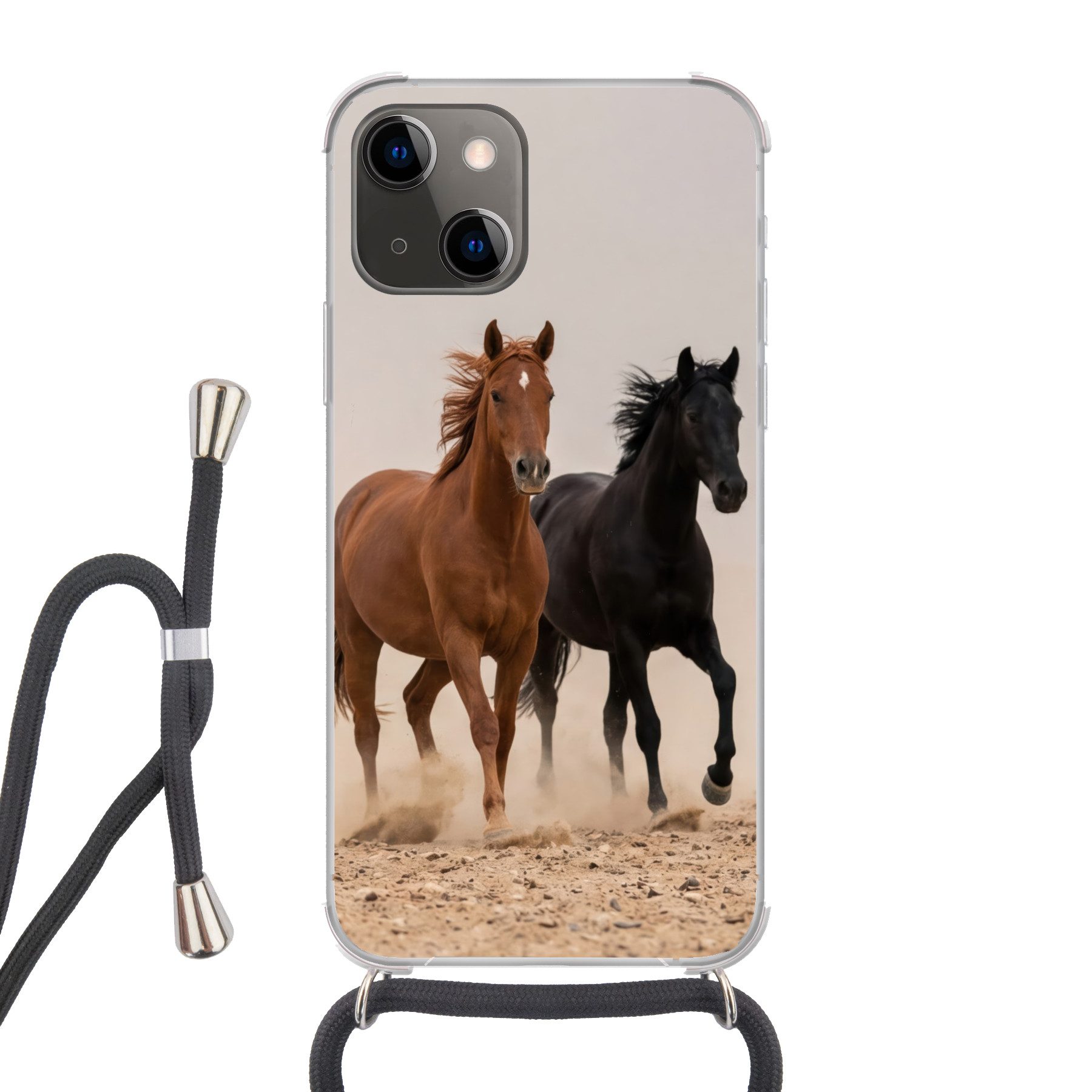 MuchoWow Handyhülle für Apple iPhone 13 Mini Pferdeherde - Staubwolke - Braun - Schwarz, Tragbare Handyhüllen mit Kette zum umhängen, Handykette Handyband