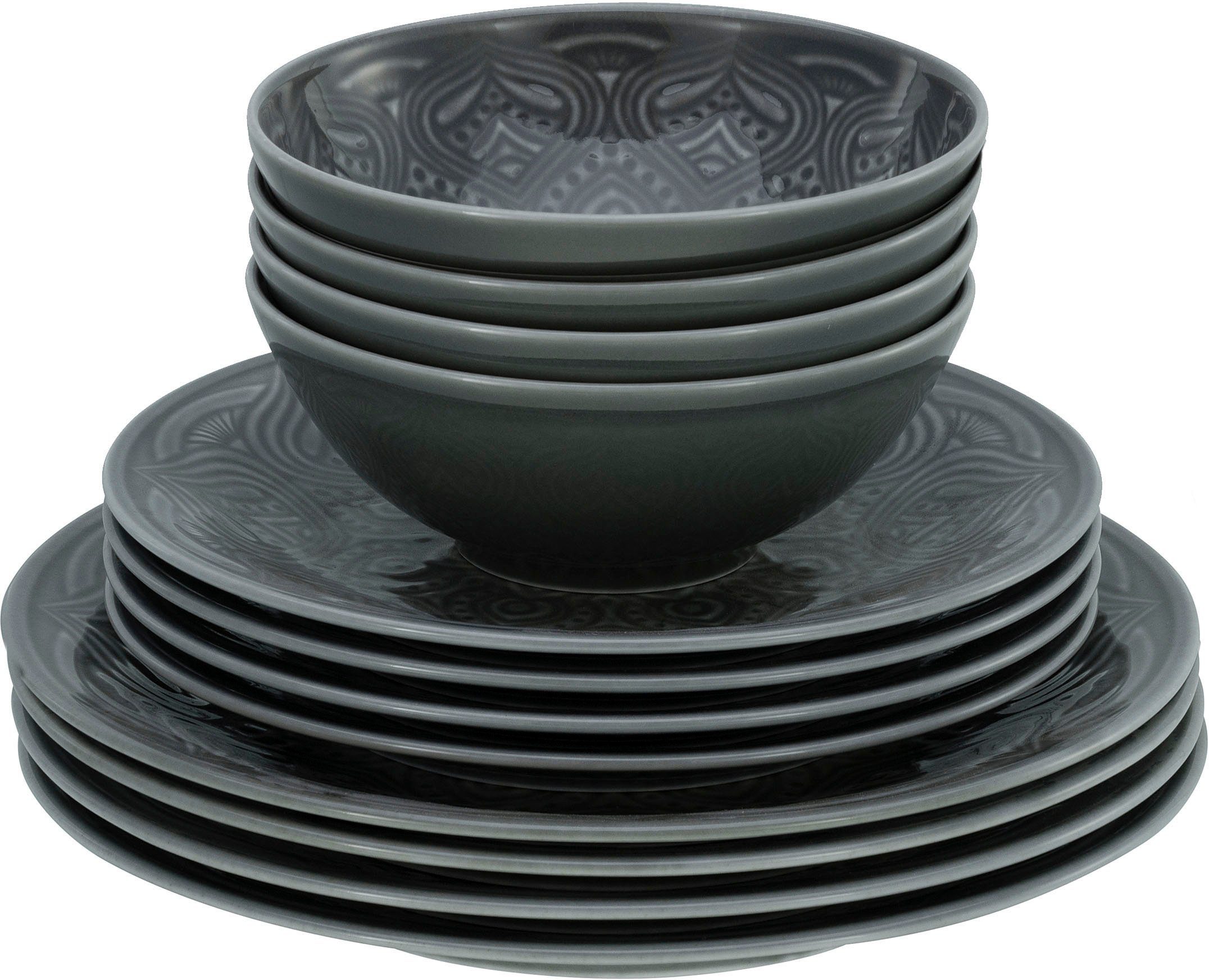 CreaTable Teller-Set Orient Mandala (12-tlg), 4 Personen, Porzellan, Speiseteller, Dessertteller und Schalen im Set
