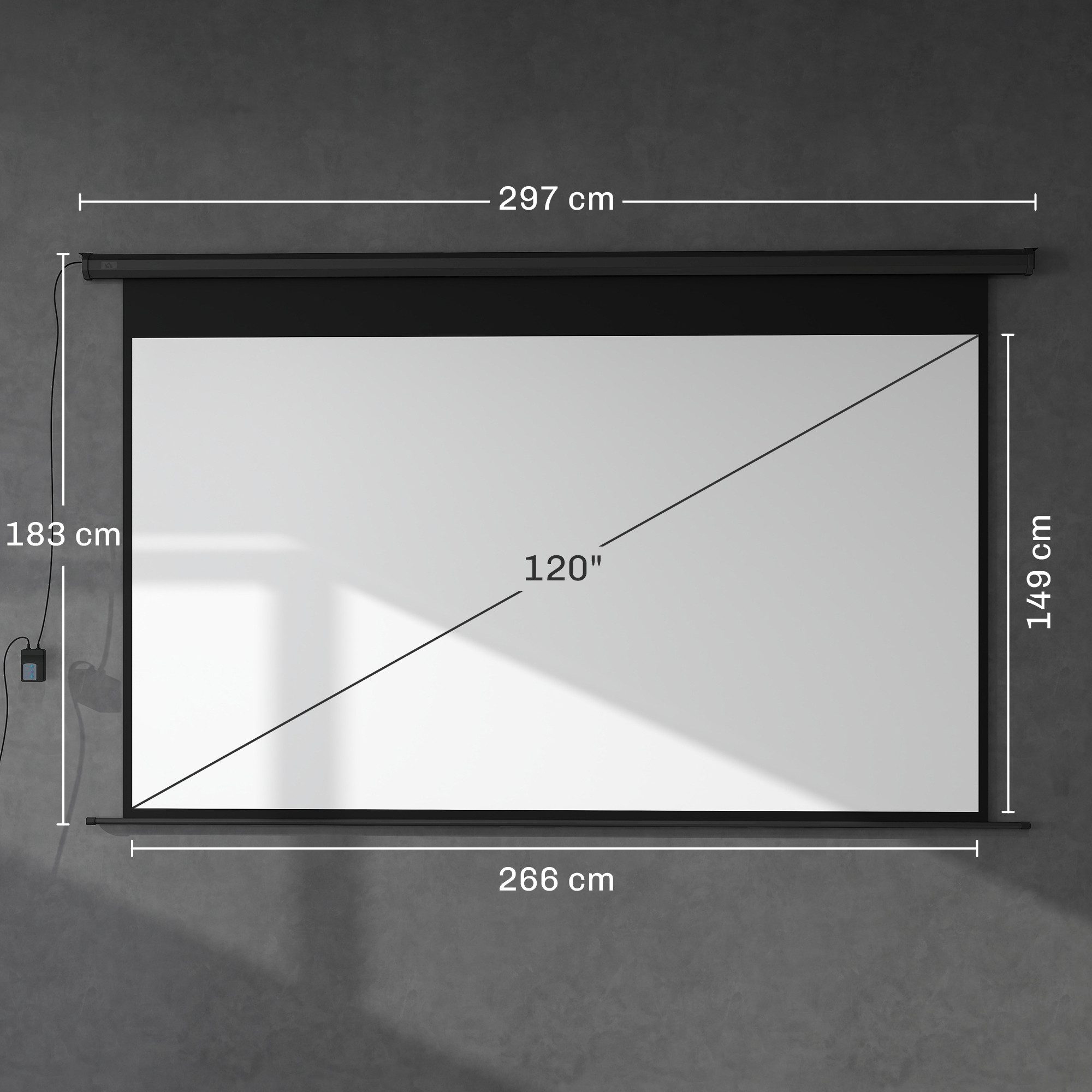 HOMCOM Beamer-Leinwand Elektrisch 266 x 149 cm 16:9 Projektionsleinwand Motorleinwand (für Heimkino, Präsentation, Metall, Schwarz)