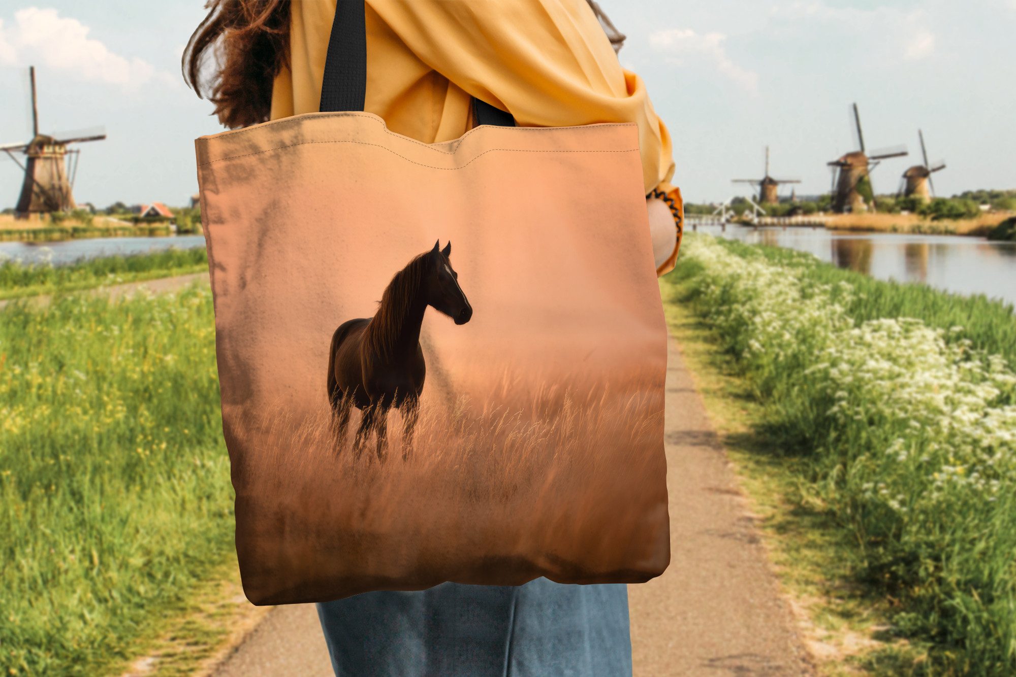 MuchoWow Shopper Pferd - Wiese - Sonnenuntergang, Handtasche, Damen und Herren, Schultertasche, Umhängetasche, Tote Bag