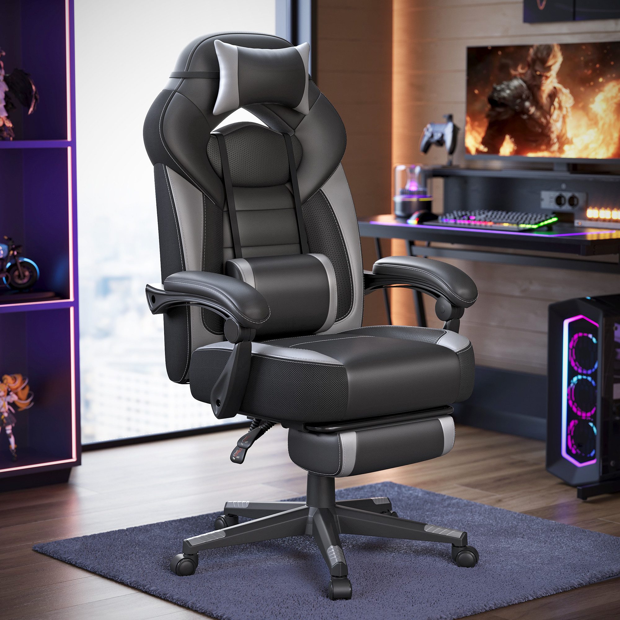 SONGMICS Bürostuhl Gaming-Stuhl, Computerstuhl ergonomischer, bis 150 kg belastbar, mit ausziehbarer Fußstütze, verstellbarem Kopfkissen und Lendenkissen