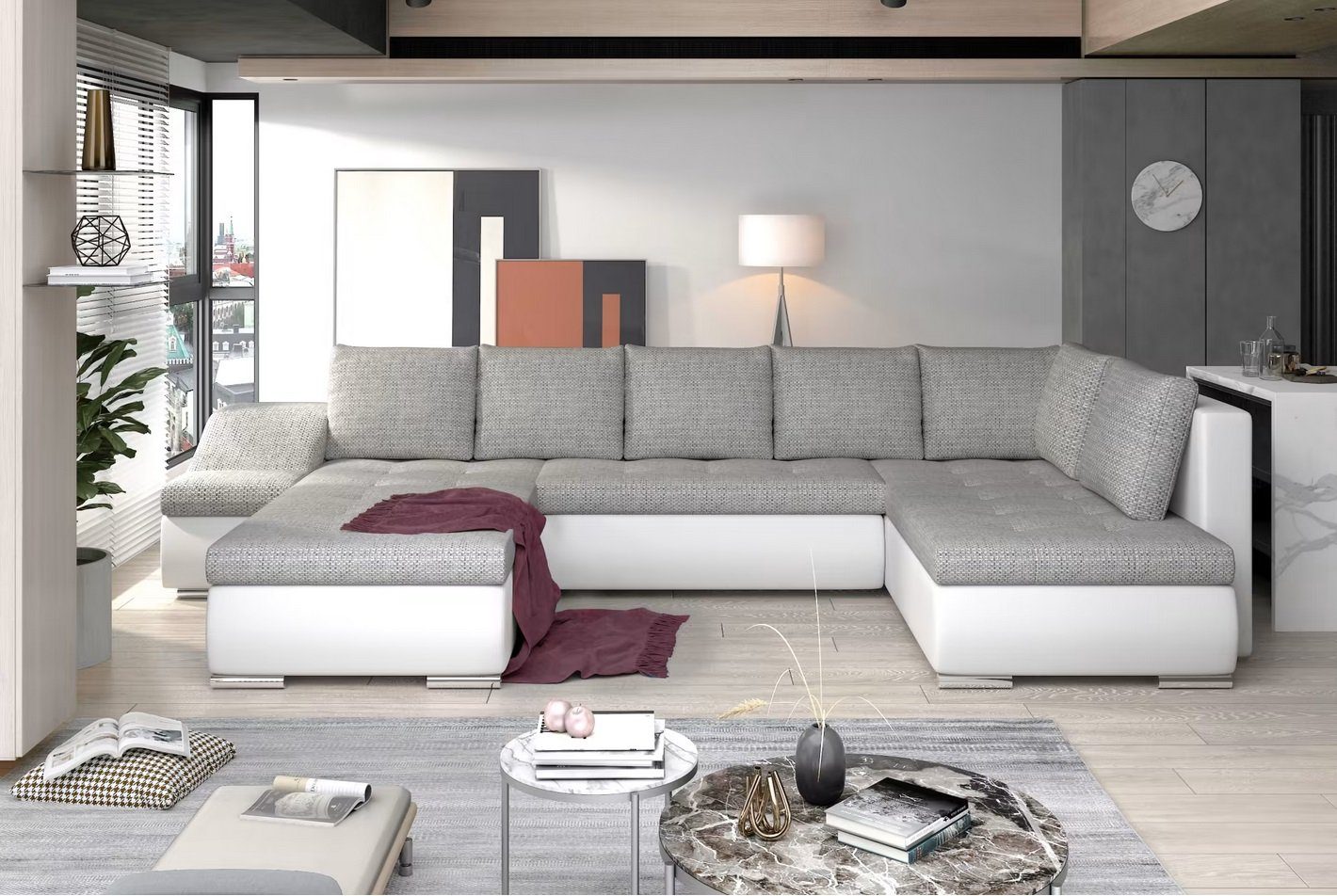 JVmoebel Ecksofa, Designer U-Form Polstersofa mit Rückenkissen