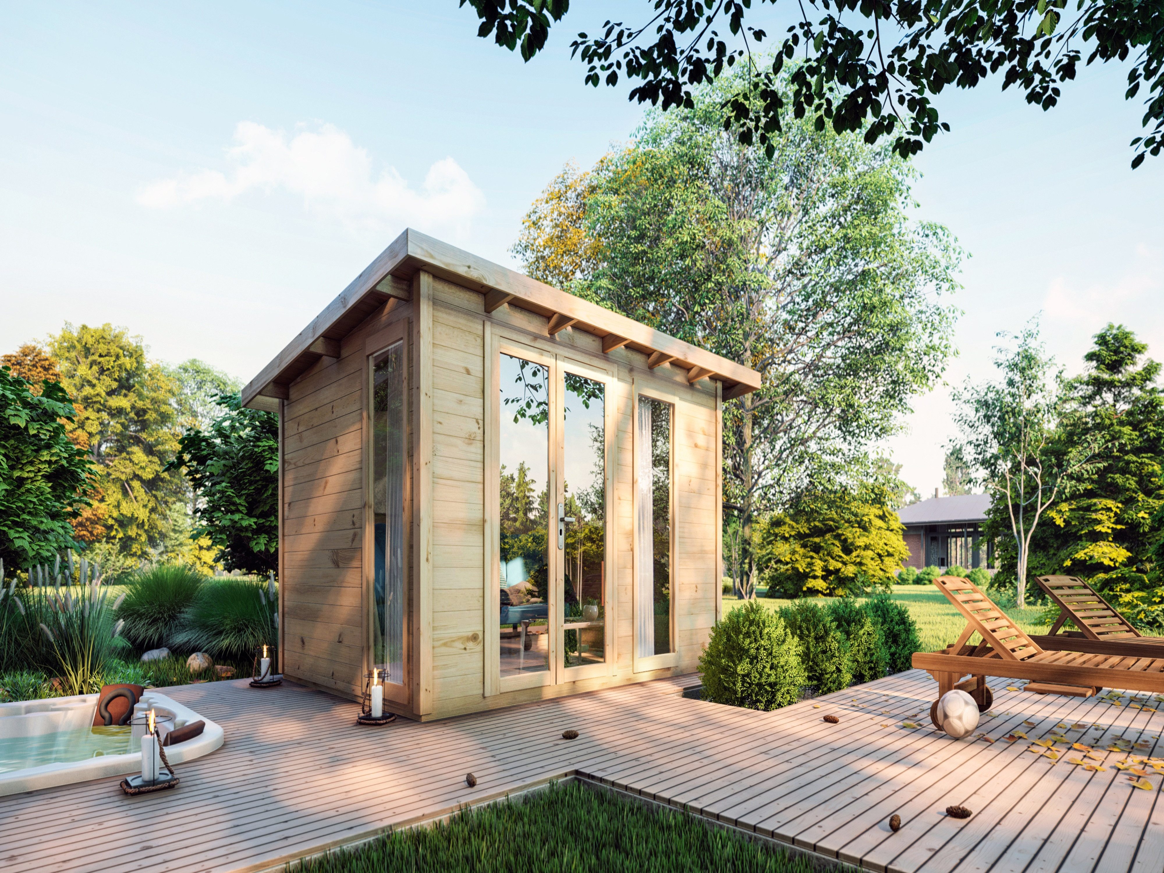 Woodtex Gartenhaus Gartenhaus Homeoffice Karvo 2 28 mm naturbelassen, BxT: 405.80x304.80 cm, 28 mm Wandstärke