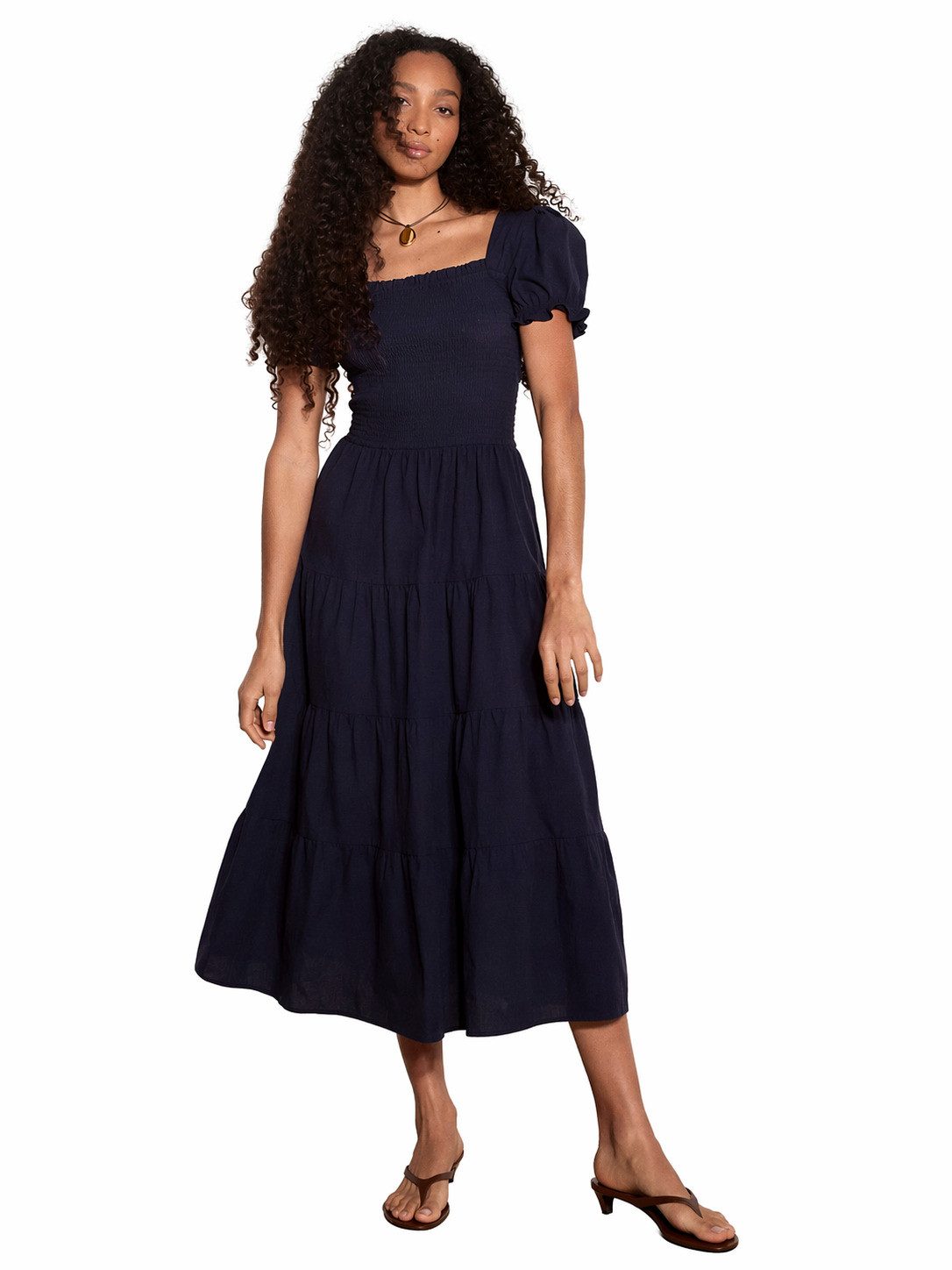 Apricot Druckkleid Midi-Kleid aus Baumwolle mit Stufenrock